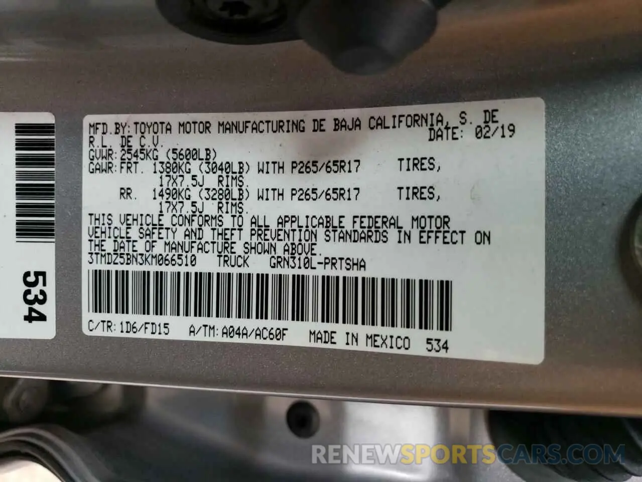 13 Photograph of a damaged car 3TMDZ5BN3KM066510 TOYOTA TACOMA 2019