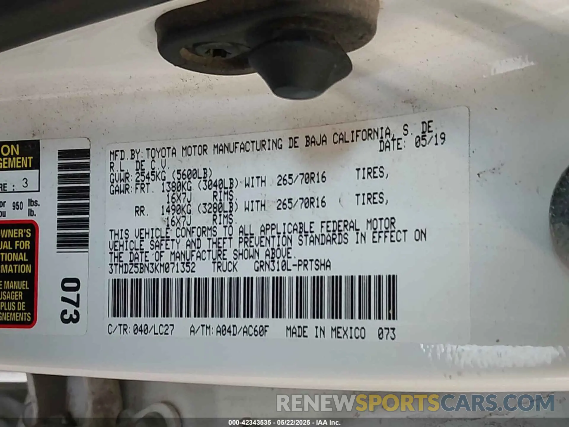 9 Photograph of a damaged car 3TMDZ5BN3KM071352 TOYOTA TACOMA 2019