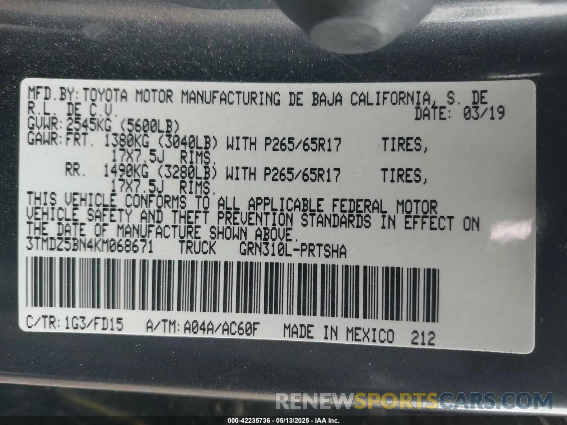 9 Photograph of a damaged car 3TMDZ5BN4KM068671 TOYOTA TACOMA 2019