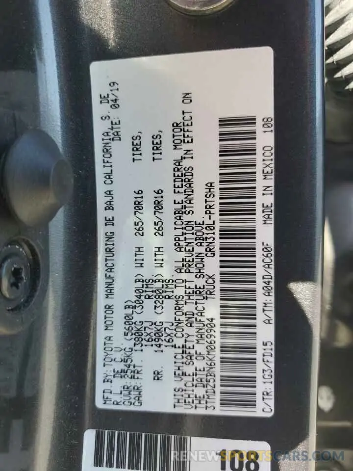 12 Photograph of a damaged car 3TMDZ5BN6KM069904 TOYOTA TACOMA 2019
