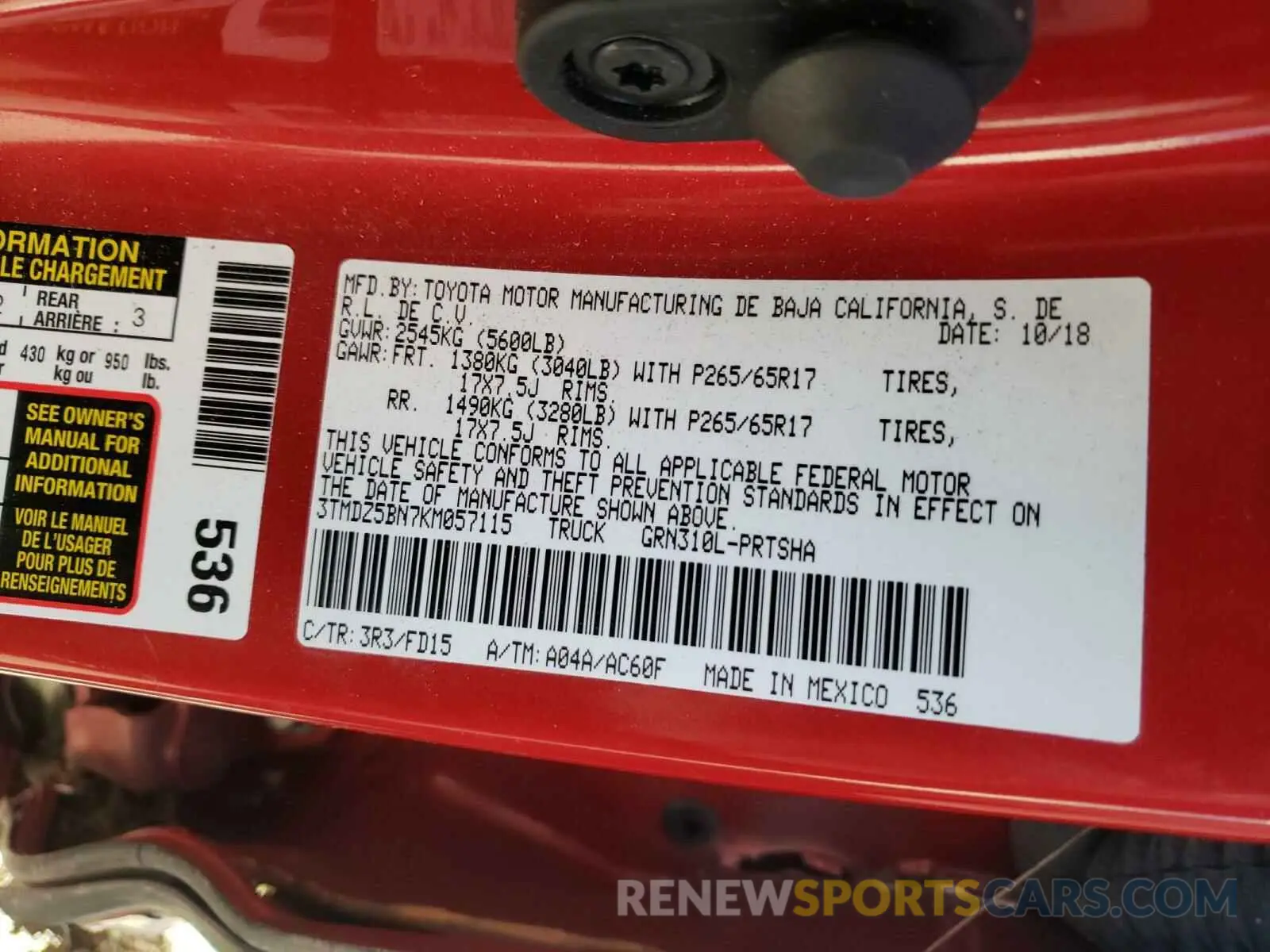 10 Photograph of a damaged car 3TMDZ5BN7KM057115 TOYOTA TACOMA 2019