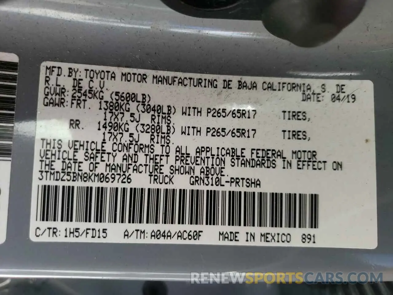 12 Photograph of a damaged car 3TMDZ5BN8KM069726 TOYOTA TACOMA 2019