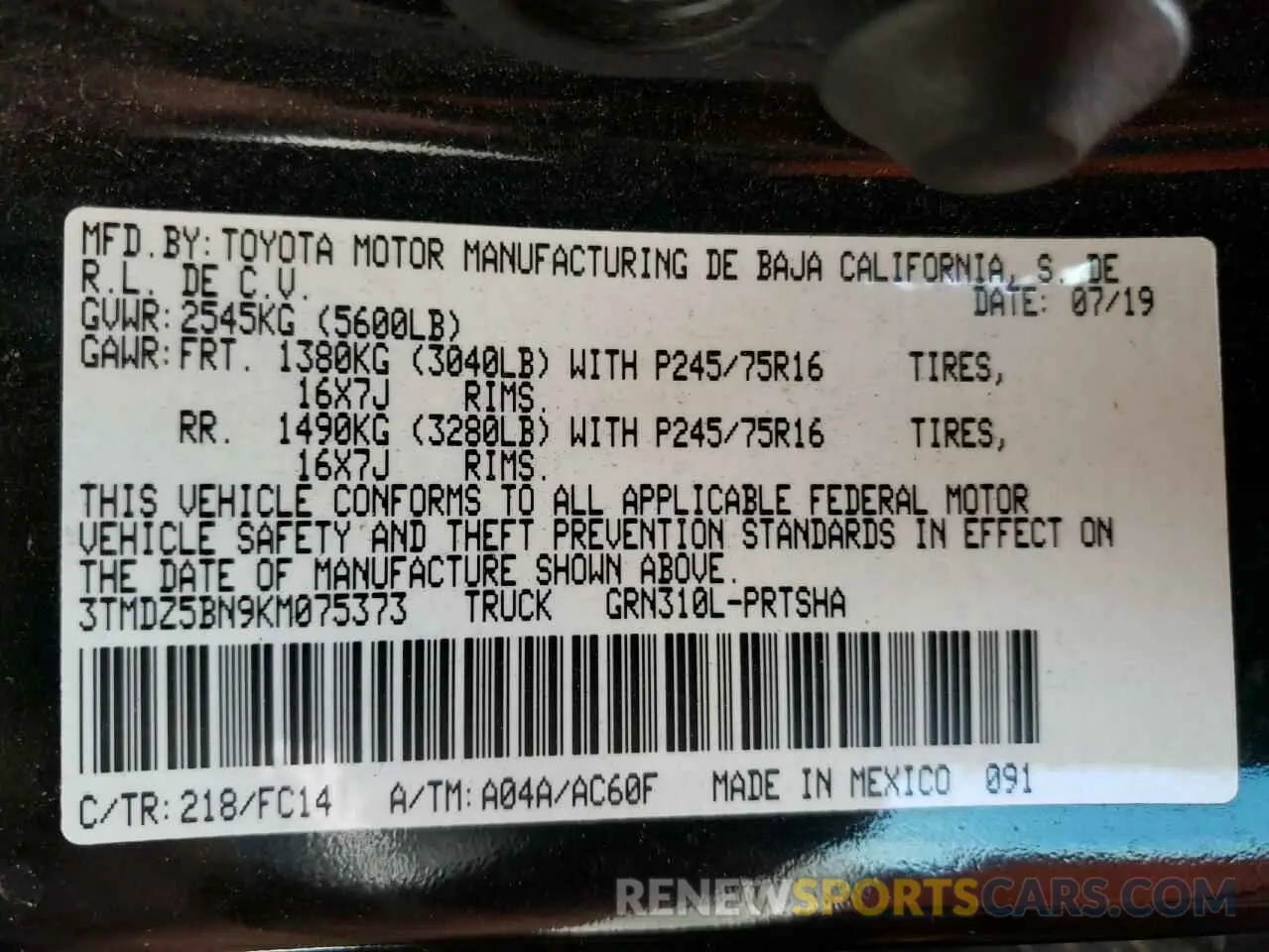 12 Photograph of a damaged car 3TMDZ5BN9KM075373 TOYOTA TACOMA 2019