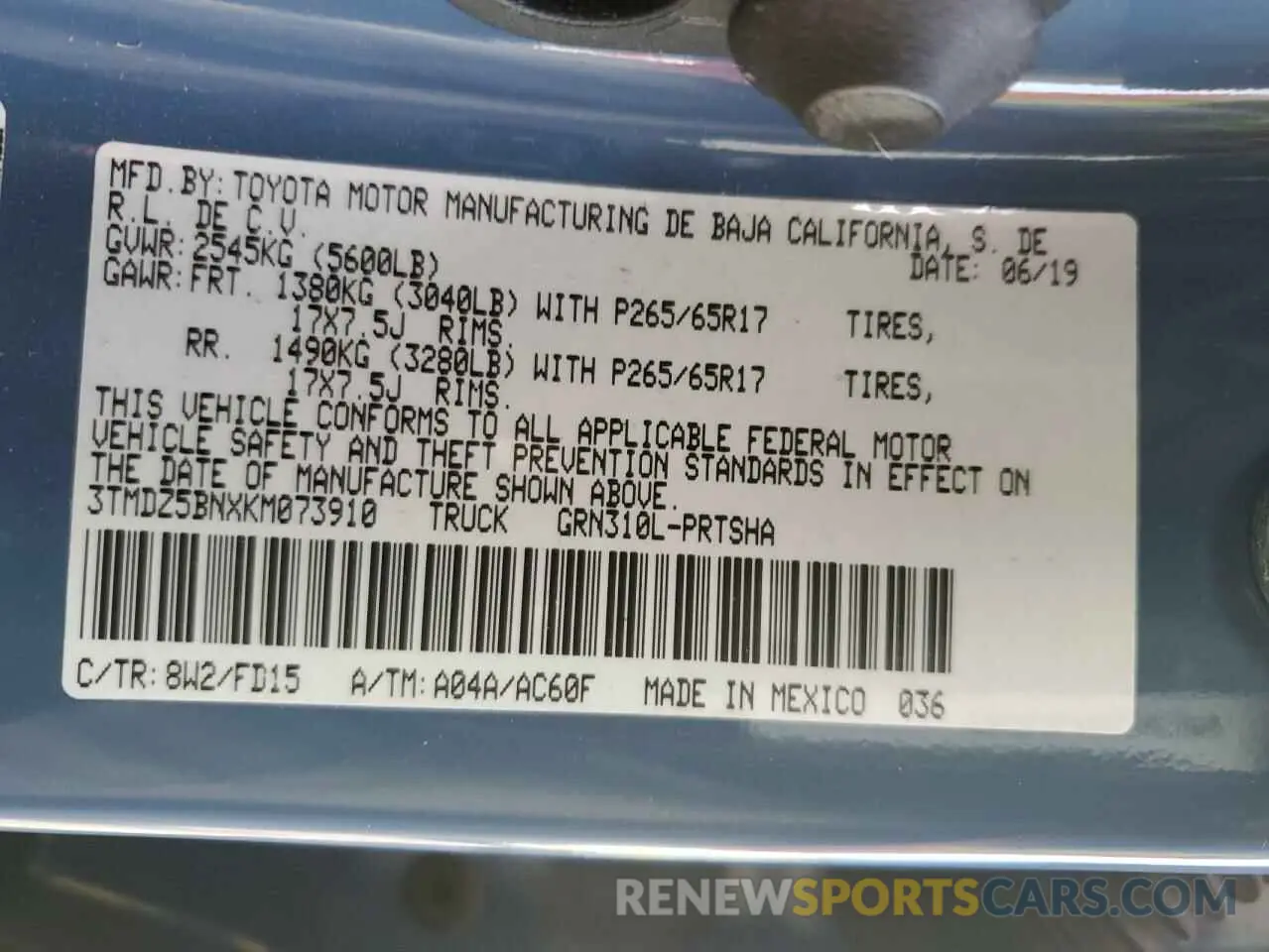 12 Photograph of a damaged car 3TMDZ5BNXKM073910 TOYOTA TACOMA 2019