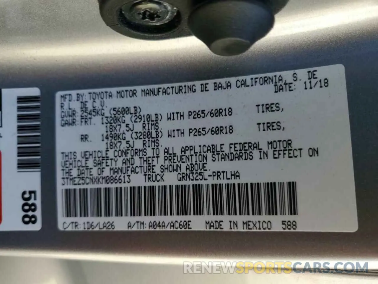 12 Photograph of a damaged car 3TMEZ5CNXKM086613 TOYOTA TACOMA 2019