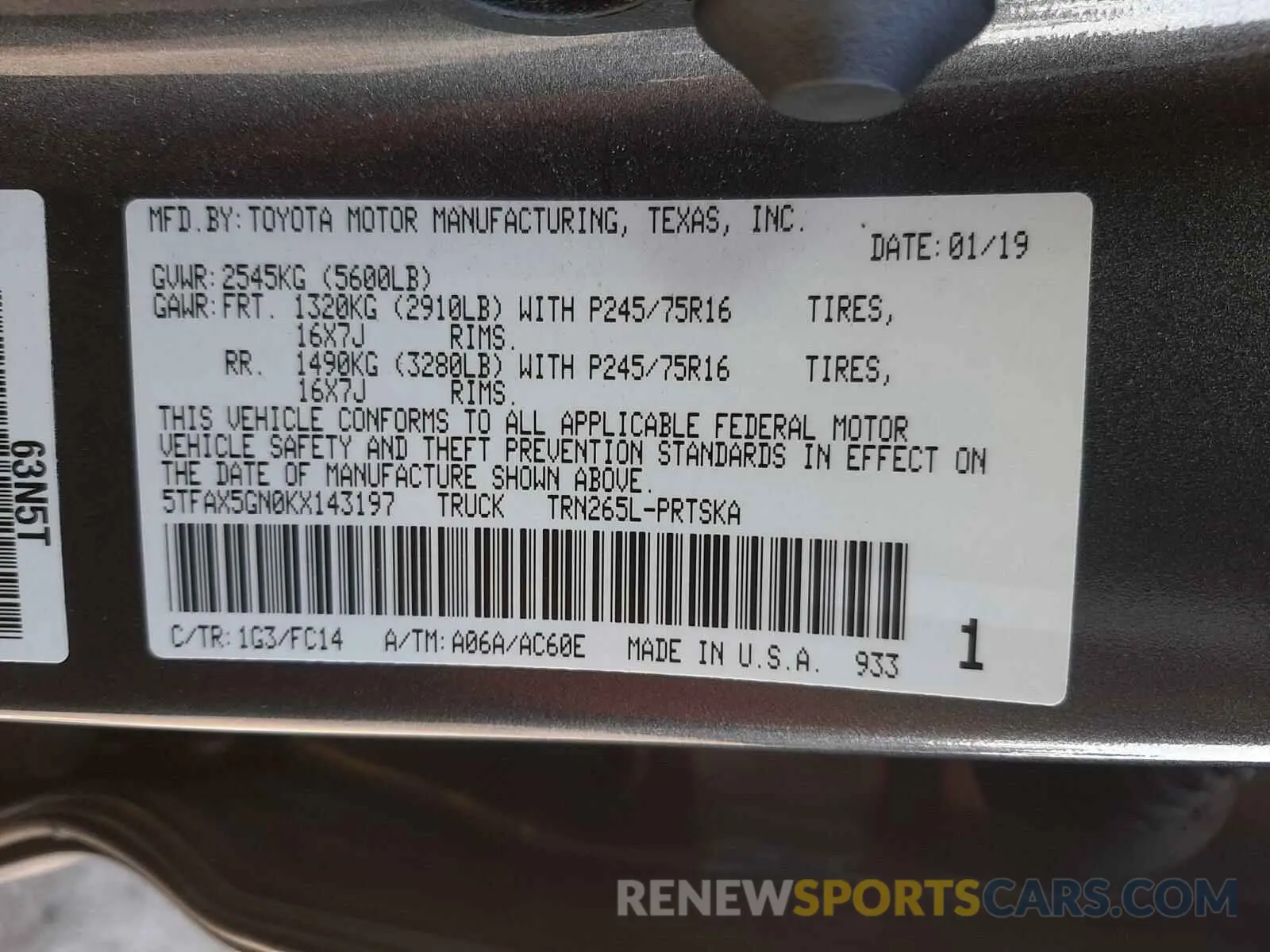 10 Photograph of a damaged car 5TFAX5GN0KX143197 TOYOTA TACOMA 2019