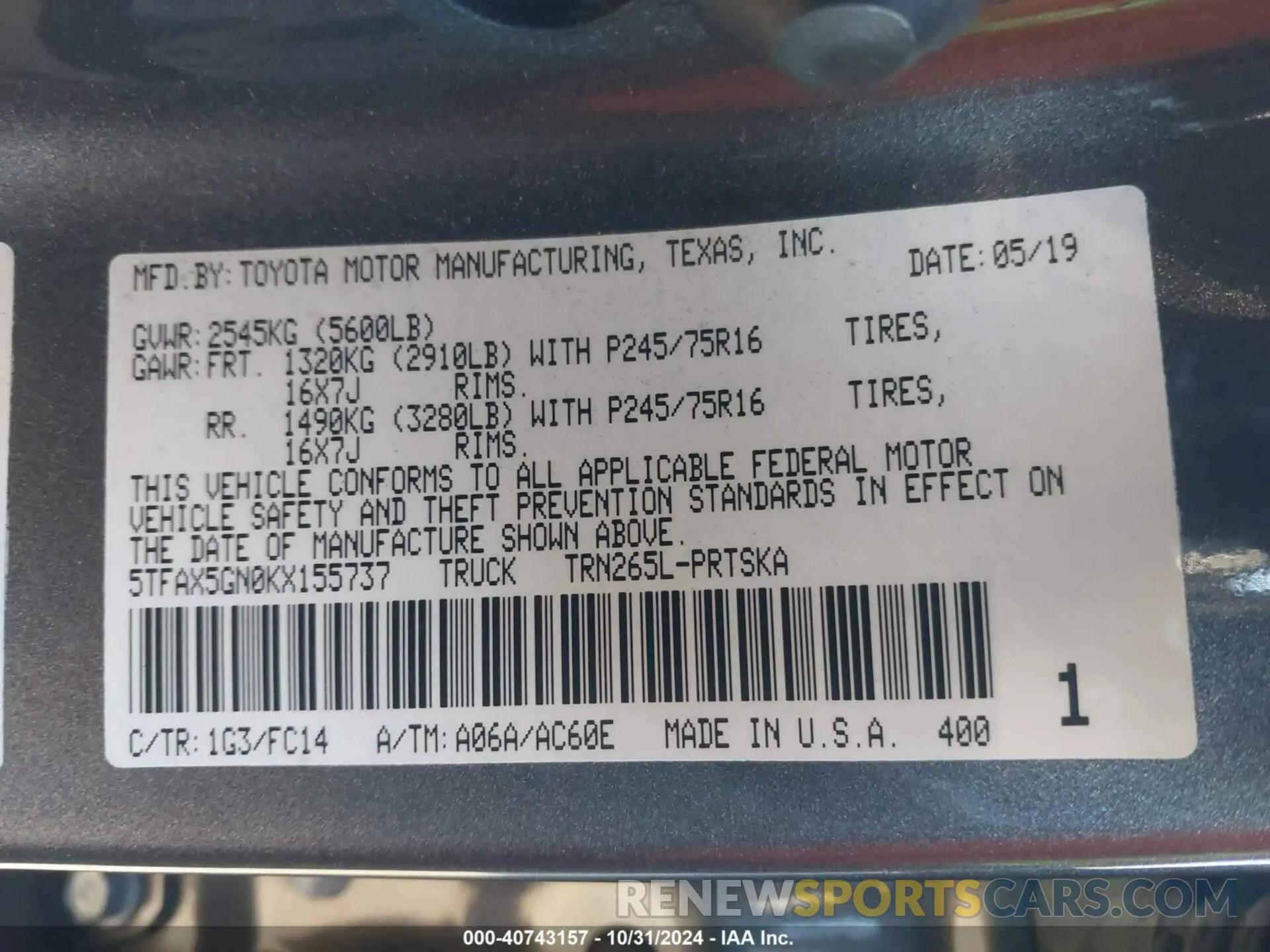 9 Photograph of a damaged car 5TFAX5GN0KX155737 TOYOTA TACOMA 2019
