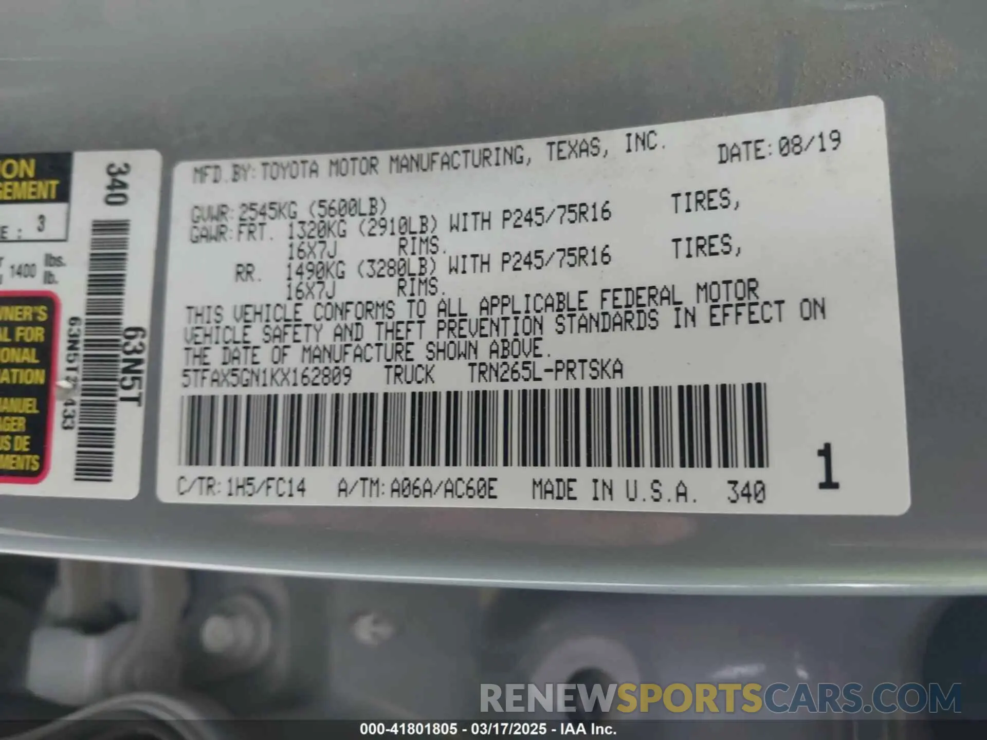 9 Photograph of a damaged car 5TFAX5GN1KX162809 TOYOTA TACOMA 2019