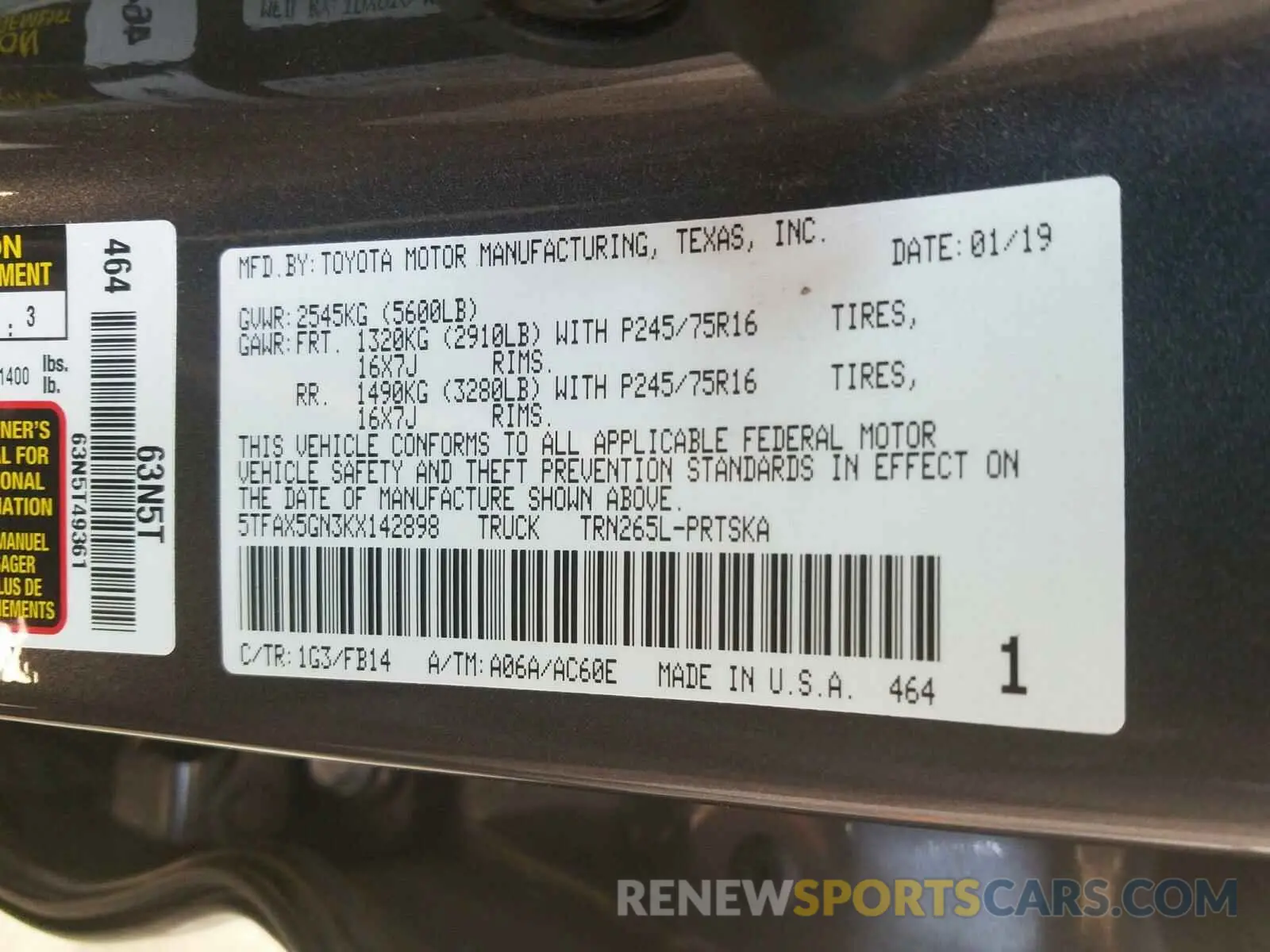 10 Photograph of a damaged car 5TFAX5GN3KX142898 TOYOTA TACOMA 2019
