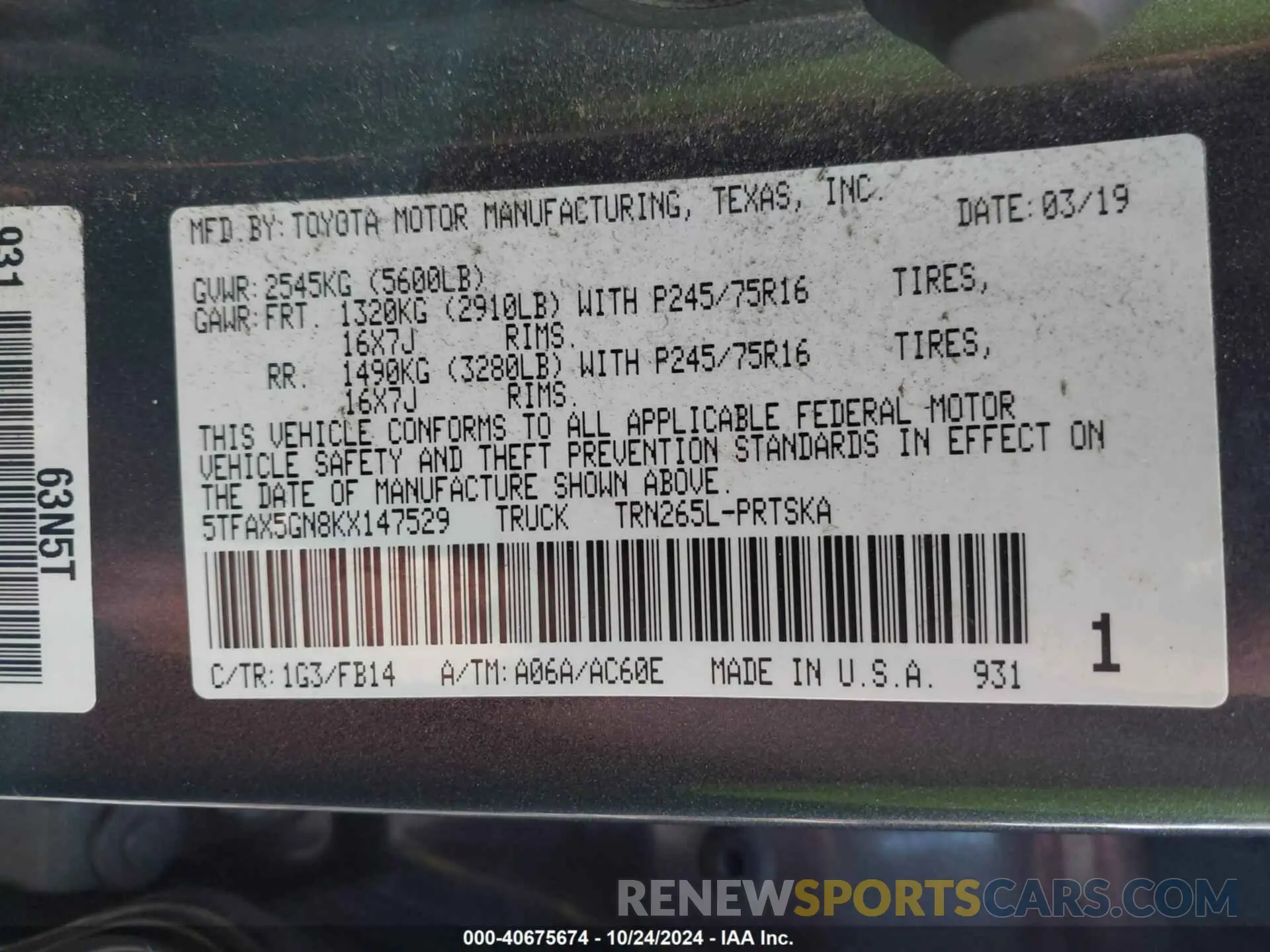 9 Photograph of a damaged car 5TFAX5GN8KX147529 TOYOTA TACOMA 2019