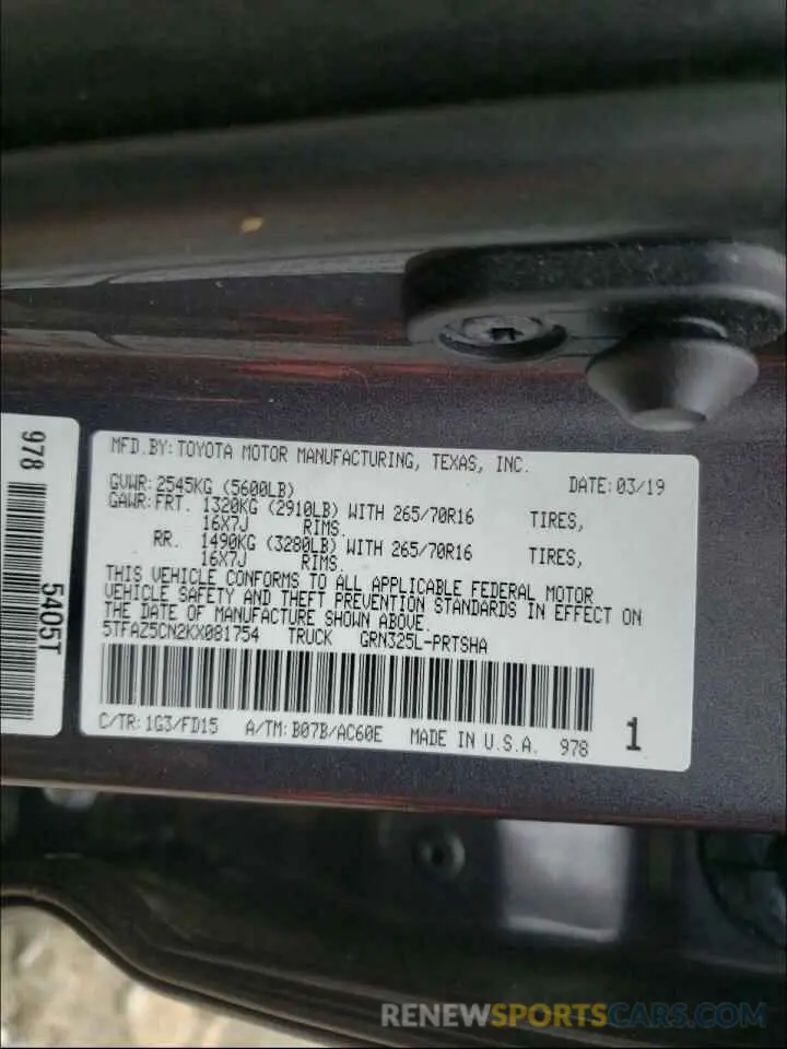 10 Photograph of a damaged car 5TFAZ5CN2KX081754 TOYOTA TACOMA 2019