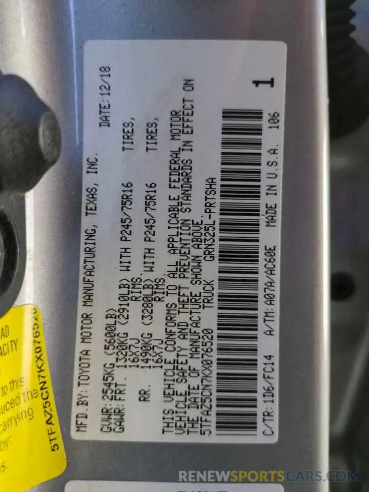 13 Photograph of a damaged car 5TFAZ5CN7KX076520 TOYOTA TACOMA 2019