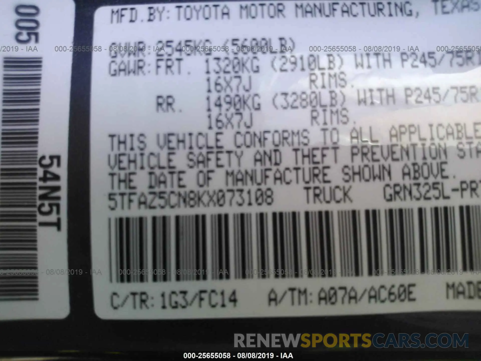 9 Photograph of a damaged car 5TFAZ5CN8KX073108 TOYOTA TACOMA 2019
