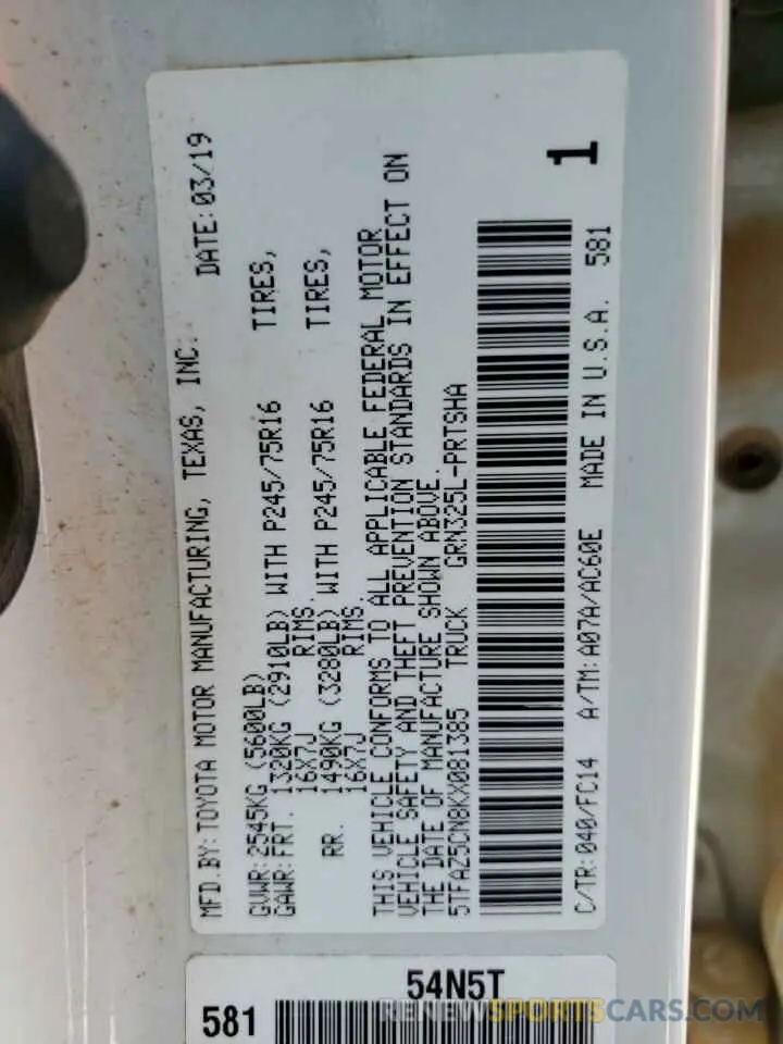 10 Photograph of a damaged car 5TFAZ5CN8KX081385 TOYOTA TACOMA 2019