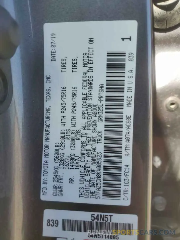 12 Photograph of a damaged car 5TFAZ5CN8KX085923 TOYOTA TACOMA 2019