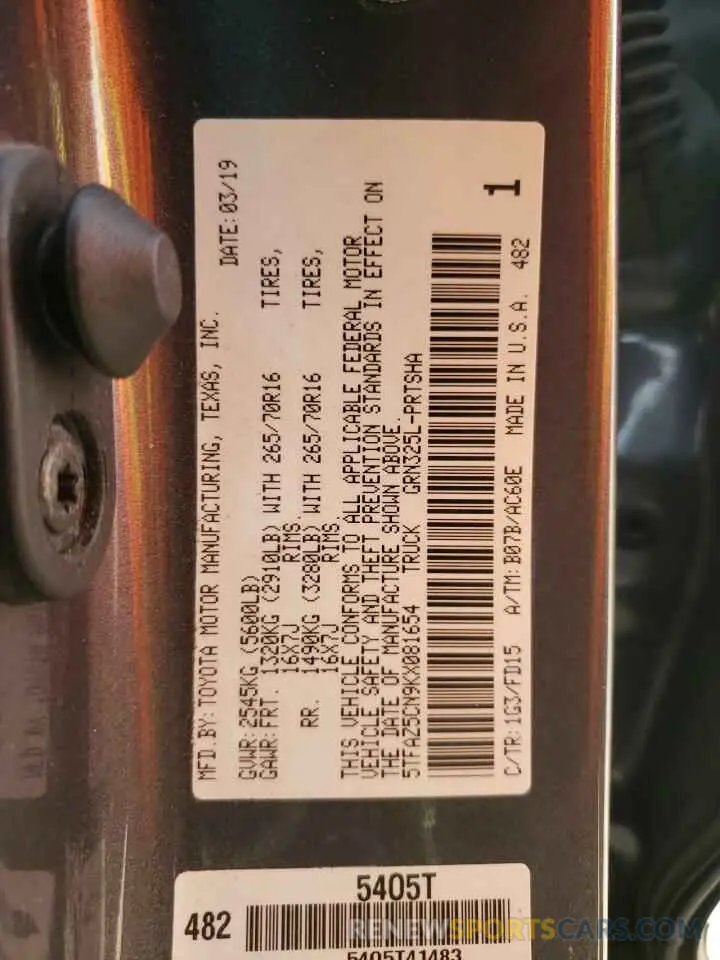 10 Photograph of a damaged car 5TFAZ5CN9KX081654 TOYOTA TACOMA 2019