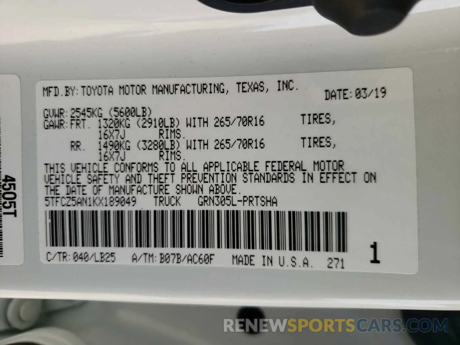 10 Photograph of a damaged car 5TFCZ5AN1KX189049 TOYOTA TACOMA 2019