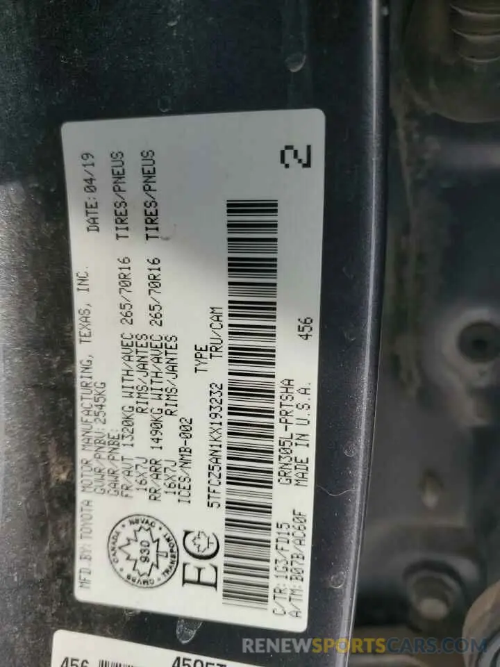 14 Photograph of a damaged car 5TFCZ5AN1KX193232 TOYOTA TACOMA 2019