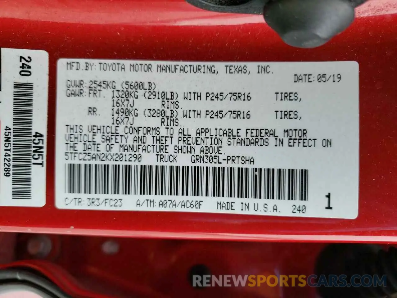 14 Photograph of a damaged car 5TFCZ5AN2KX201290 TOYOTA TACOMA 2019