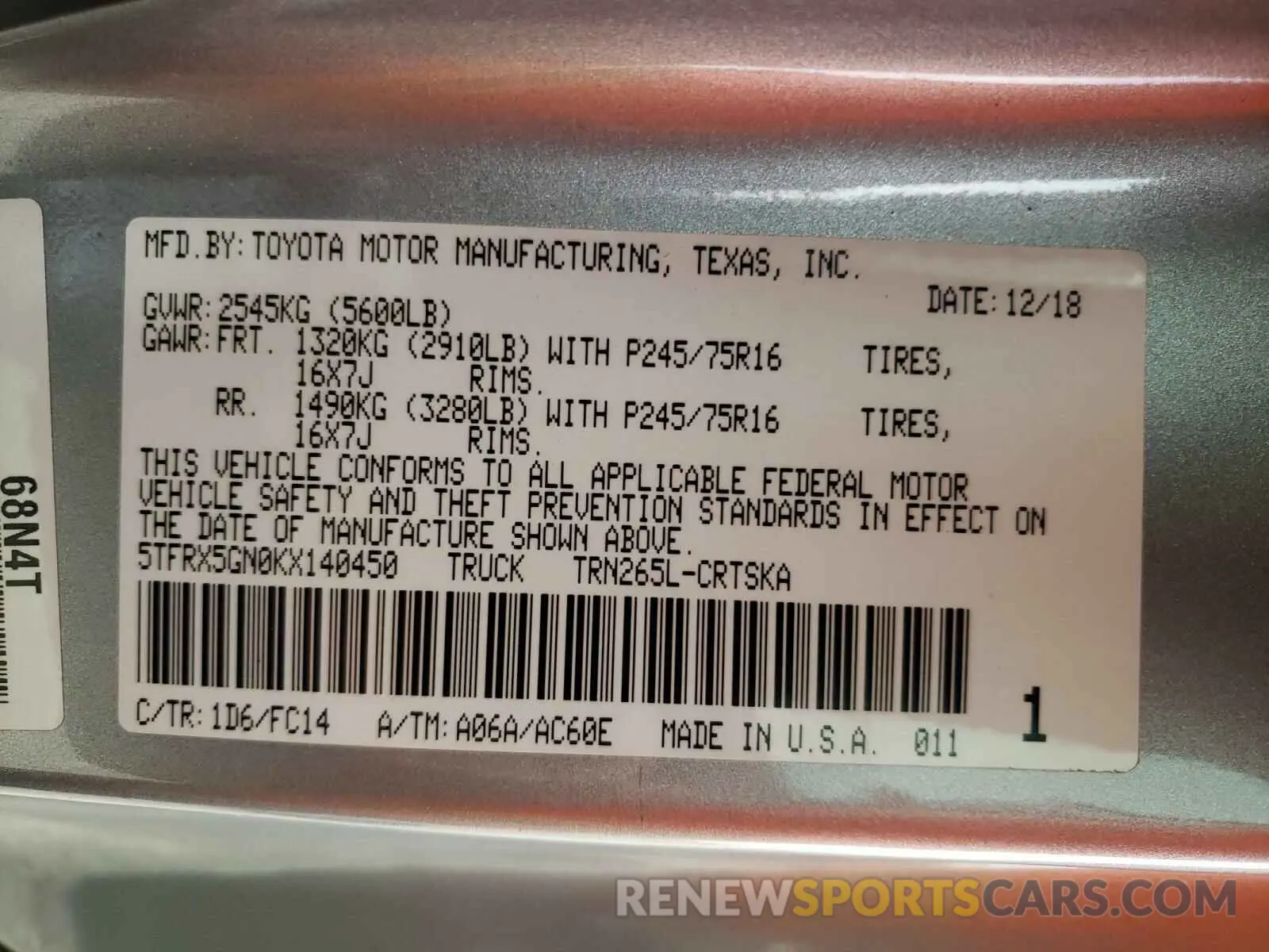 10 Photograph of a damaged car 5TFRX5GN0KX140450 TOYOTA TACOMA 2019