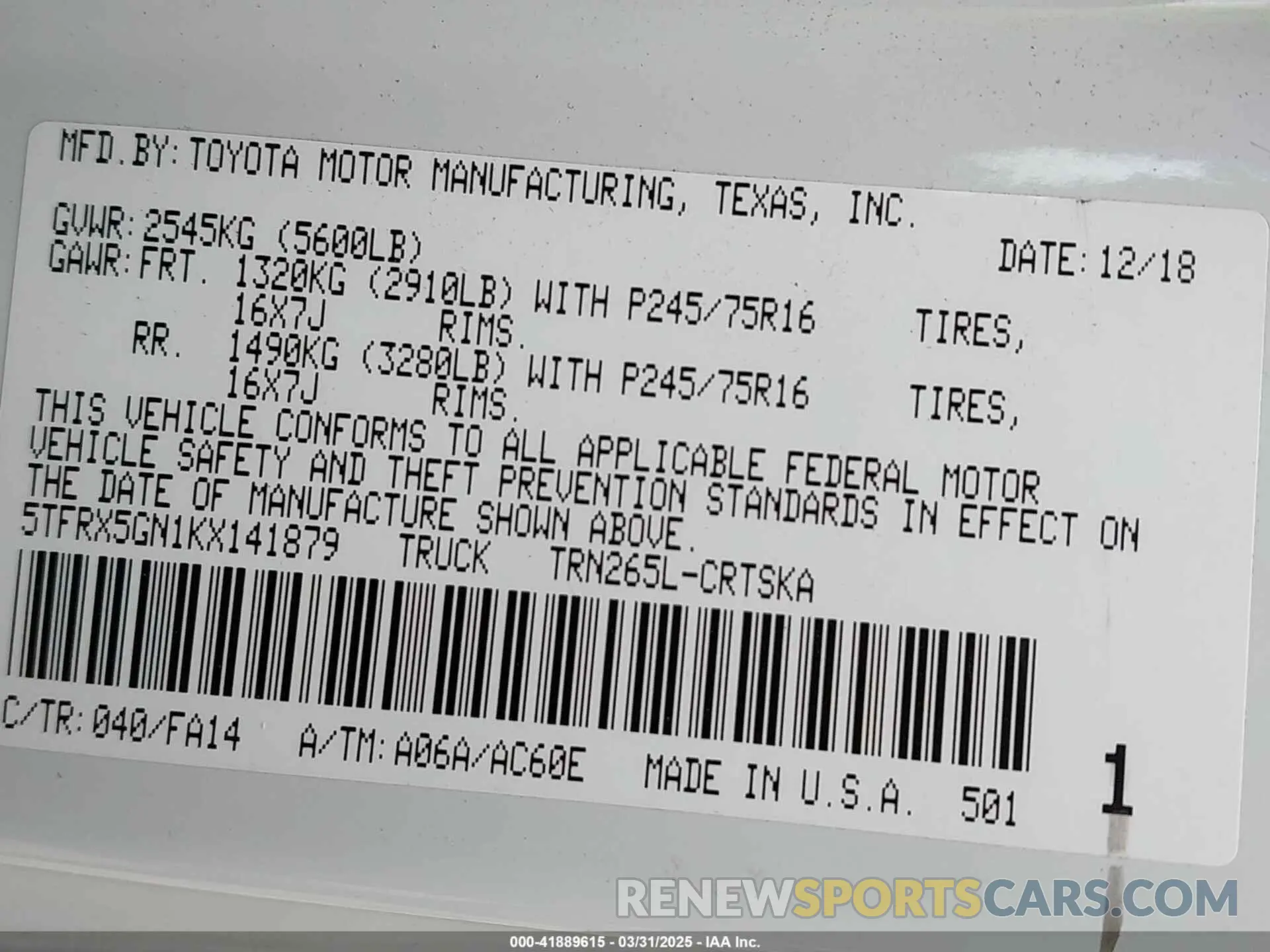 9 Photograph of a damaged car 5TFRX5GN1KX141879 TOYOTA TACOMA 2019