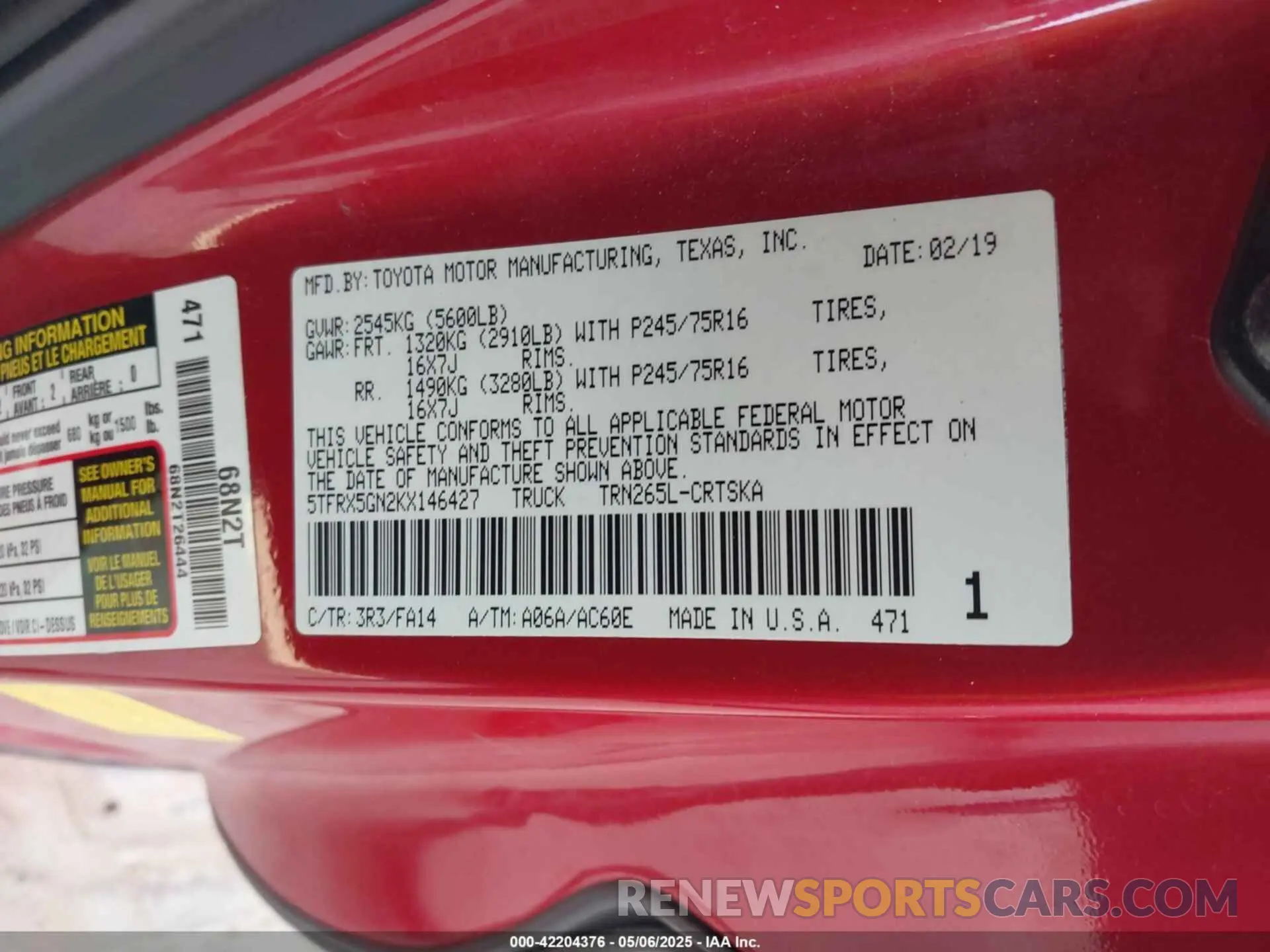 9 Photograph of a damaged car 5TFRX5GN2KX146427 TOYOTA TACOMA 2019