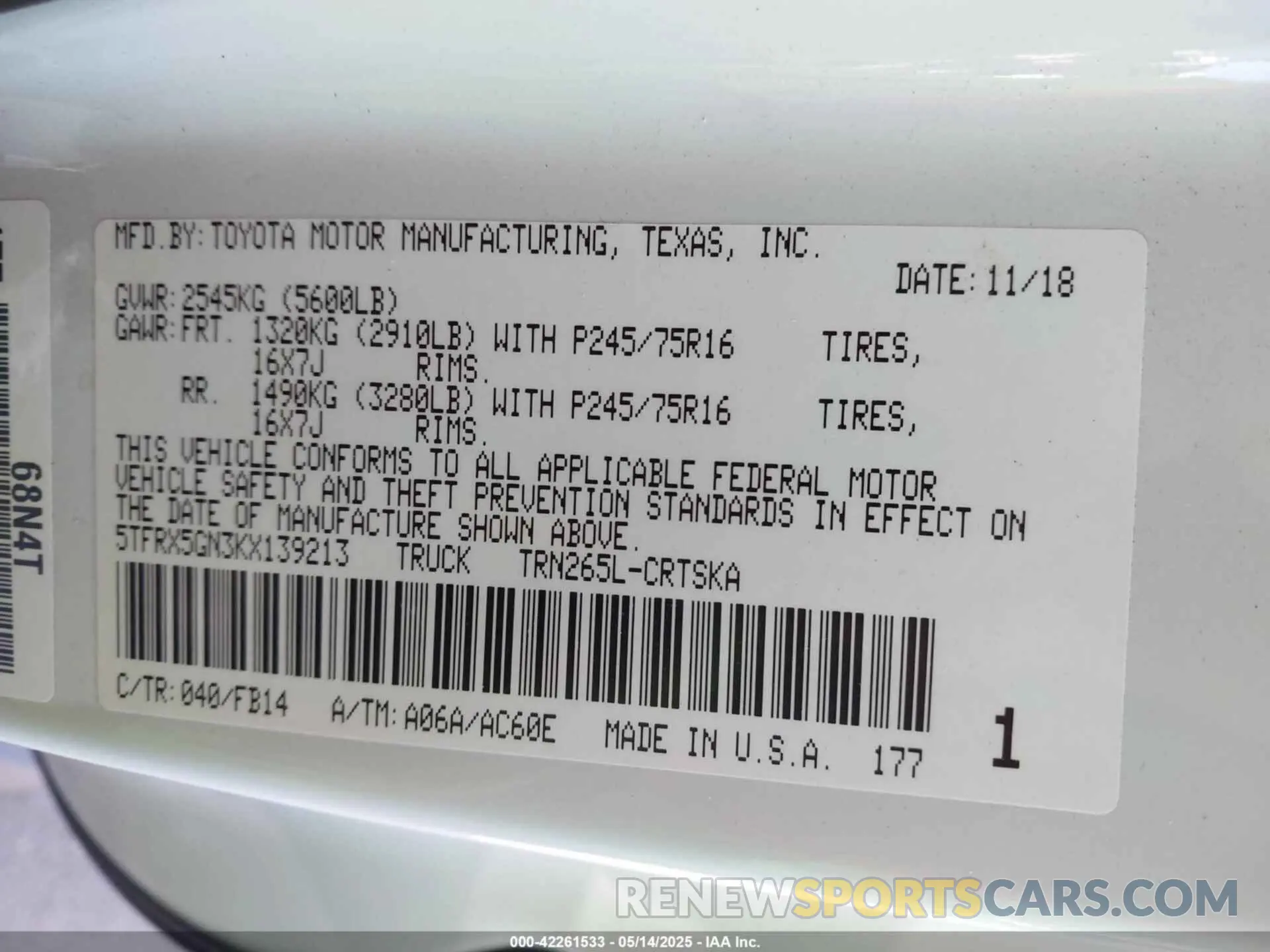 9 Photograph of a damaged car 5TFRX5GN3KX139213 TOYOTA TACOMA 2019