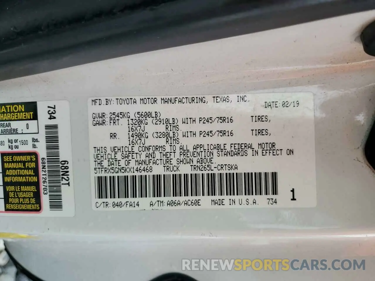 13 Photograph of a damaged car 5TFRX5GN5KX146468 TOYOTA TACOMA 2019