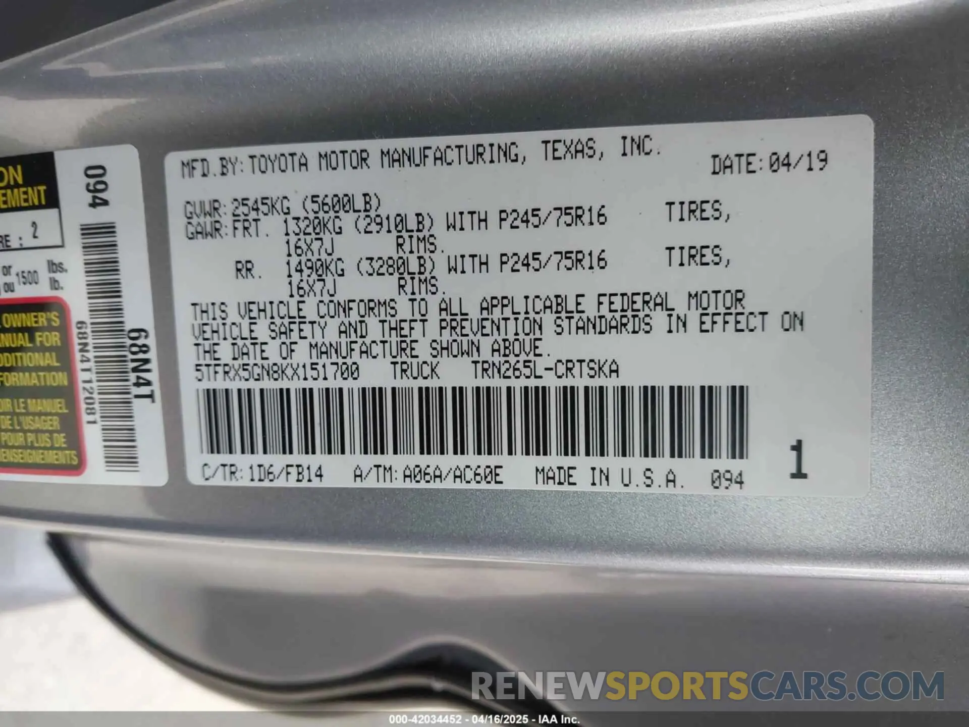 9 Photograph of a damaged car 5TFRX5GN8KX151700 TOYOTA TACOMA 2019
