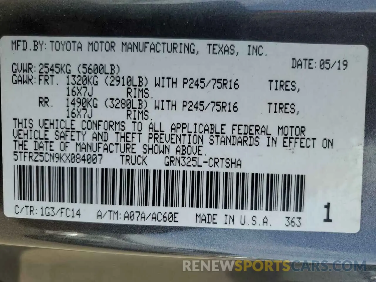 13 Photograph of a damaged car 5TFRZ5CN9KX084007 TOYOTA TACOMA 2019