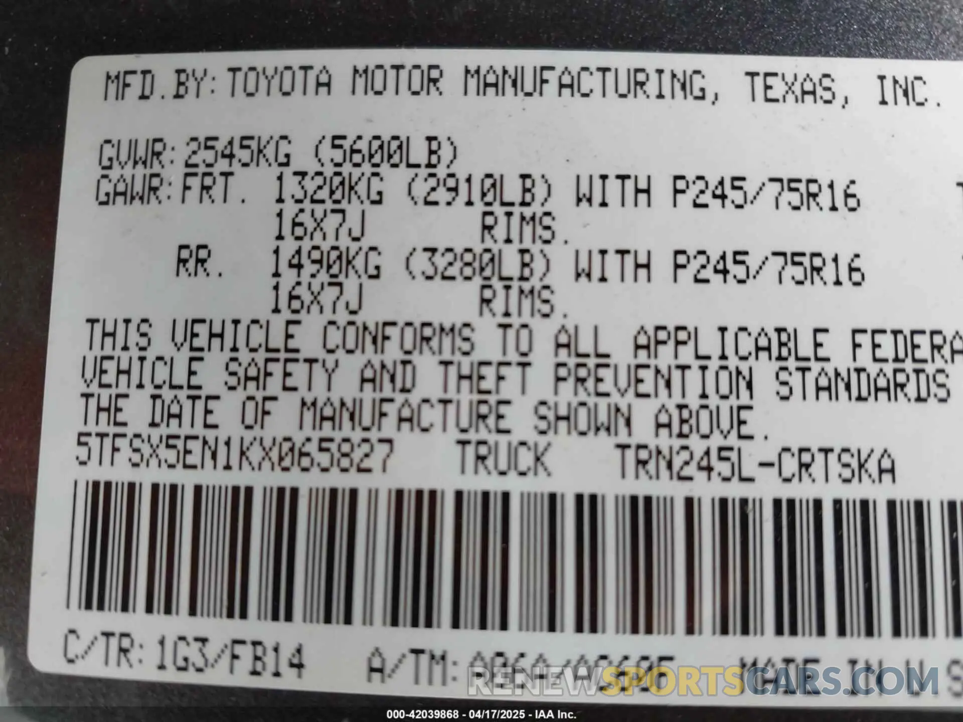 9 Photograph of a damaged car 5TFSX5EN1KX065827 TOYOTA TACOMA 2019