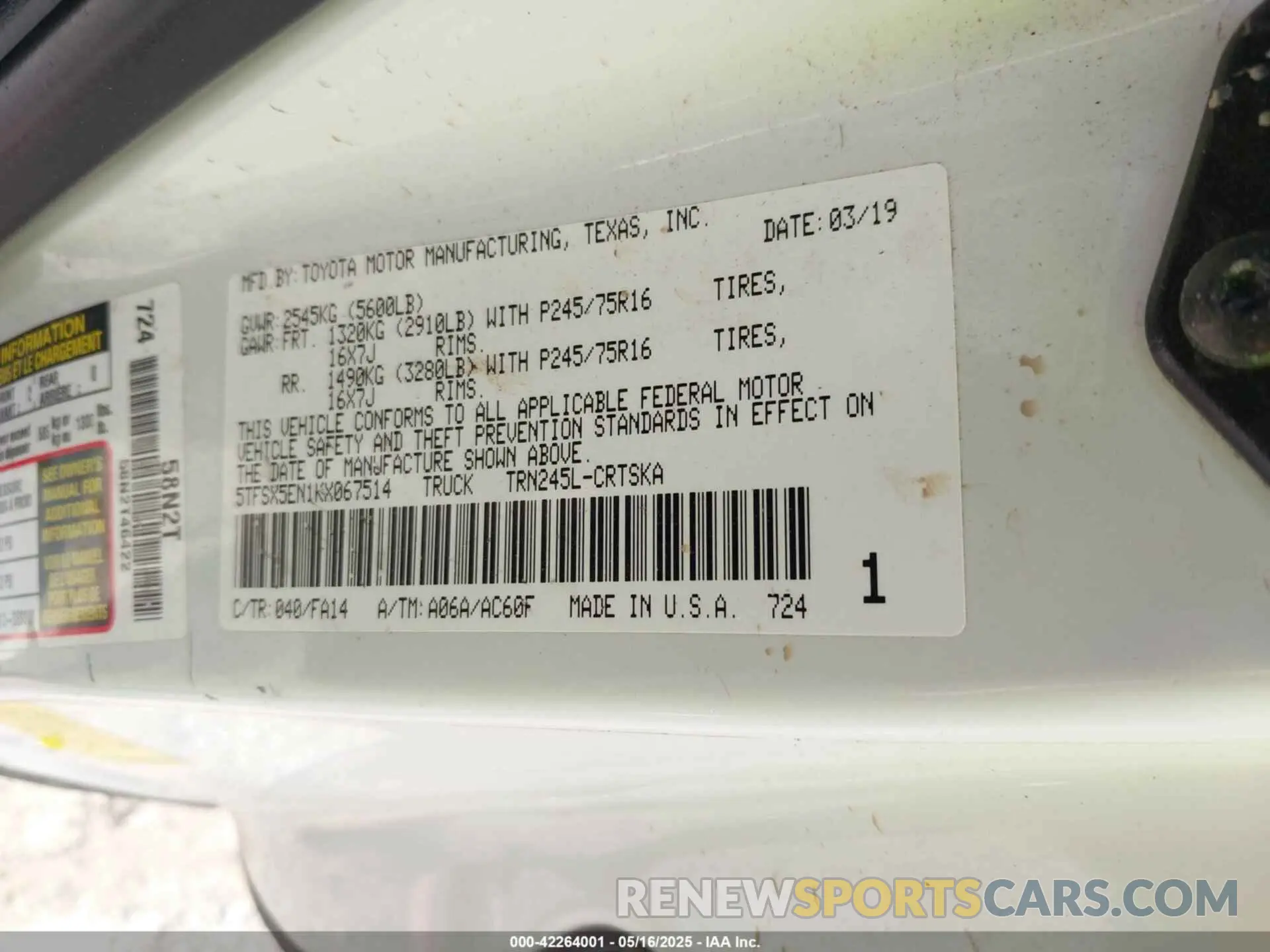 9 Photograph of a damaged car 5TFSX5EN1KX067514 TOYOTA TACOMA 2019