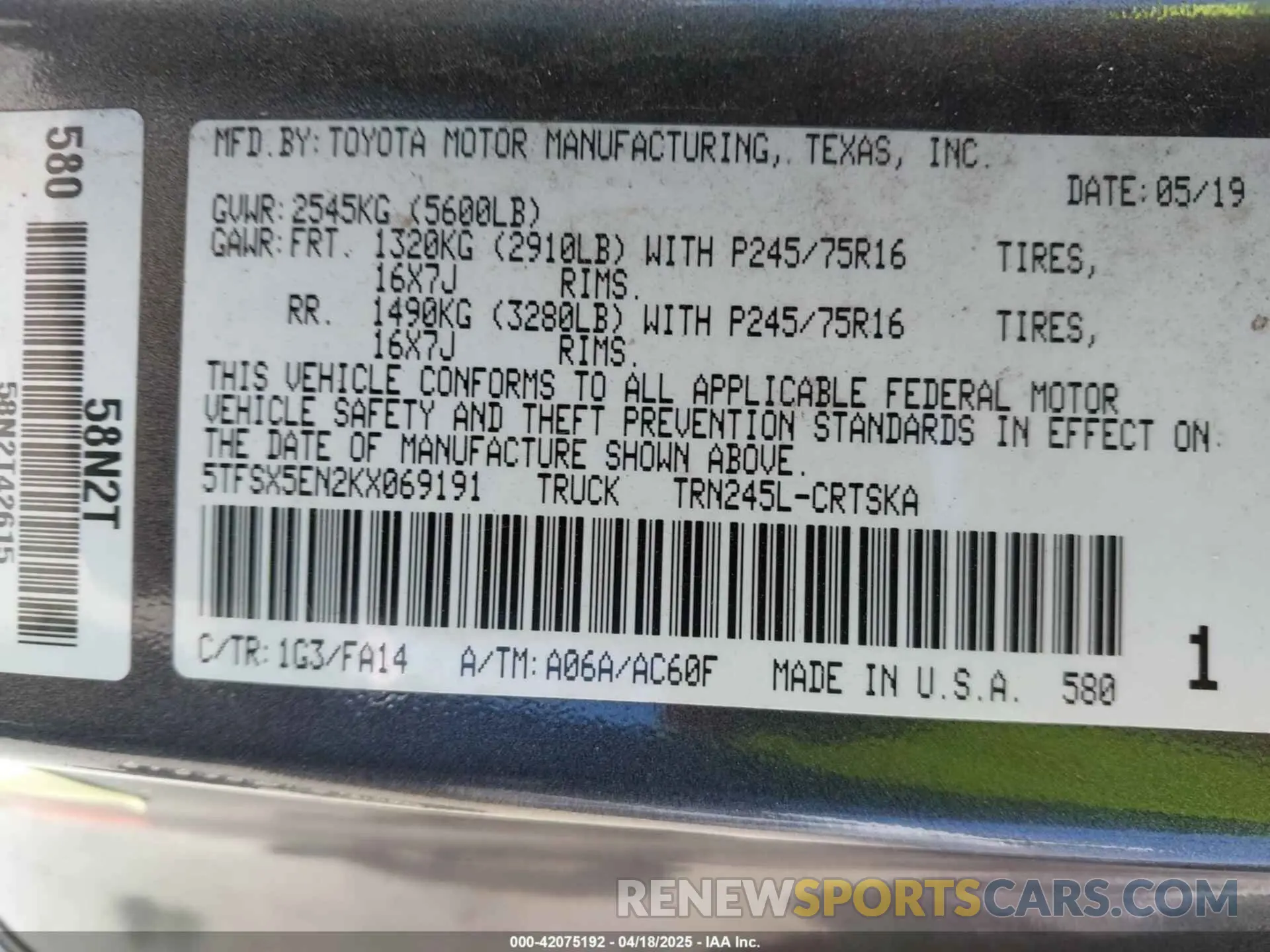 9 Photograph of a damaged car 5TFSX5EN2KX069191 TOYOTA TACOMA 2019