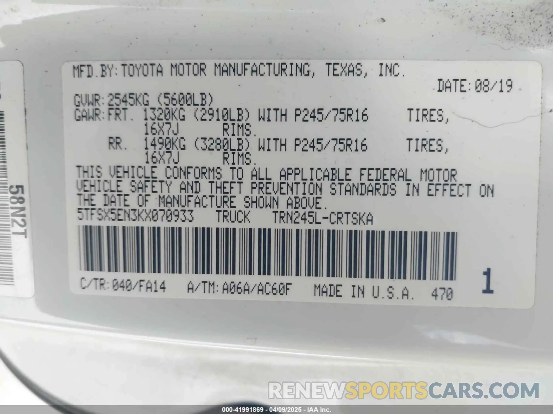 9 Photograph of a damaged car 5TFSX5EN3KX070933 TOYOTA TACOMA 2019