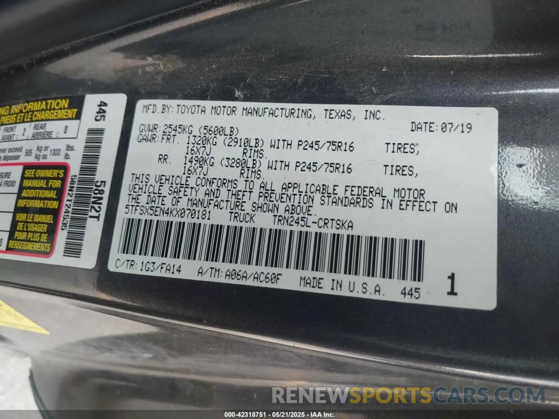 9 Photograph of a damaged car 5TFSX5EN4KX070181 TOYOTA TACOMA 2019