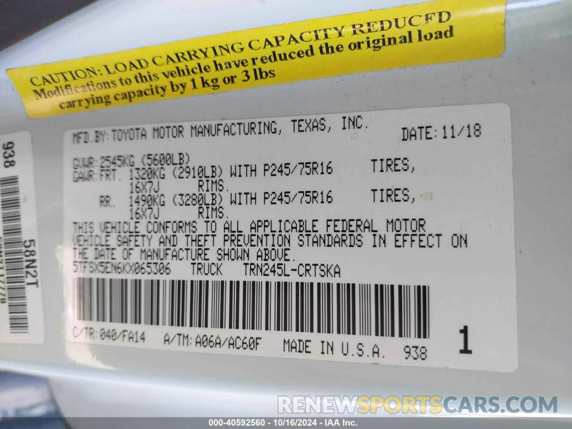 9 Photograph of a damaged car 5TFSX5EN6KX065306 TOYOTA TACOMA 2019