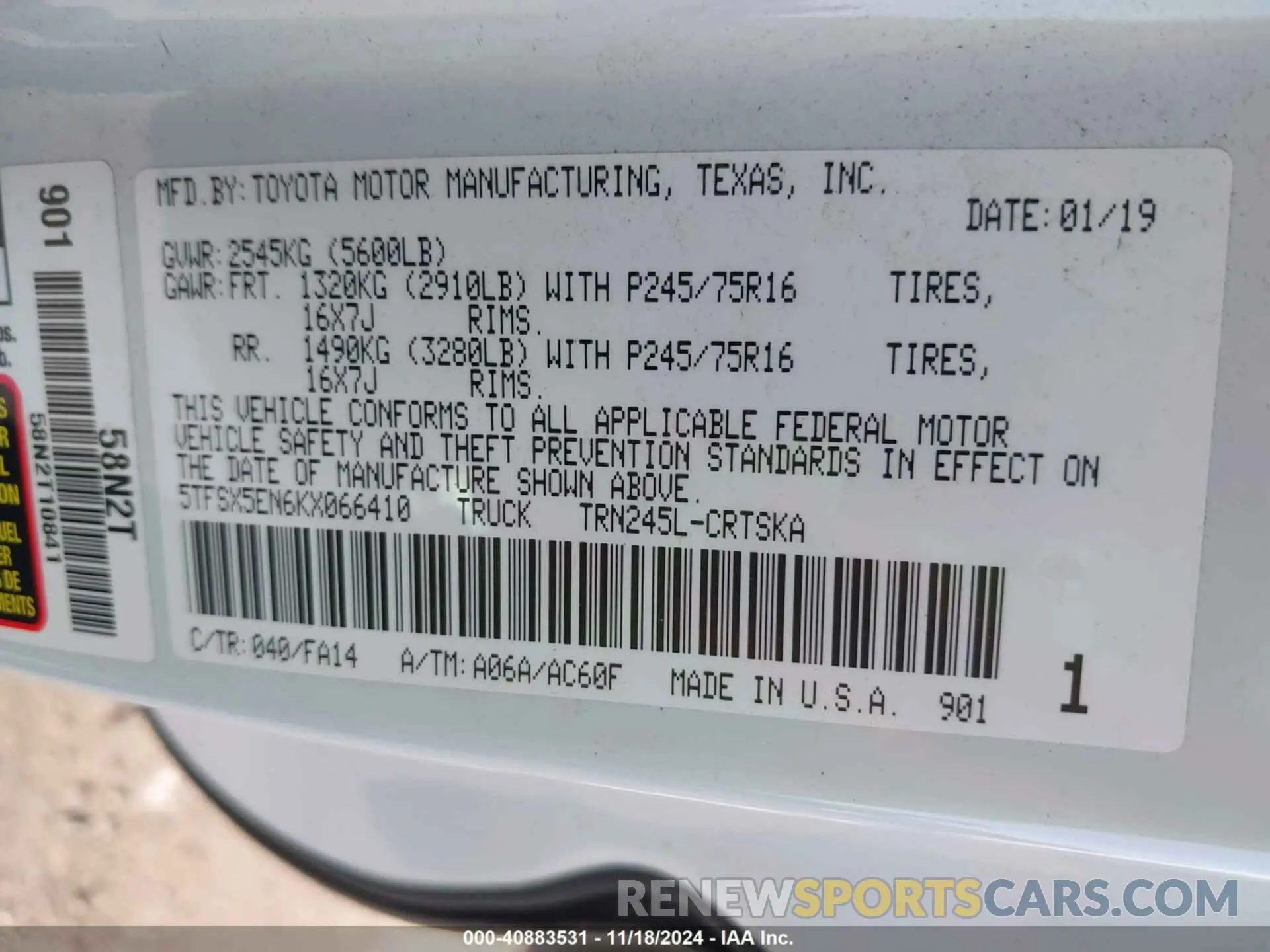 9 Photograph of a damaged car 5TFSX5EN6KX066410 TOYOTA TACOMA 2019