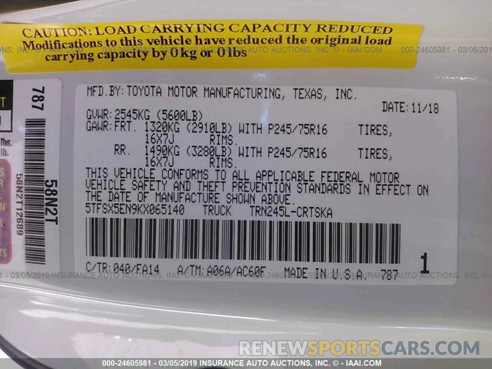 9 Photograph of a damaged car 5TFSX5EN9KX065140 TOYOTA TACOMA 2019