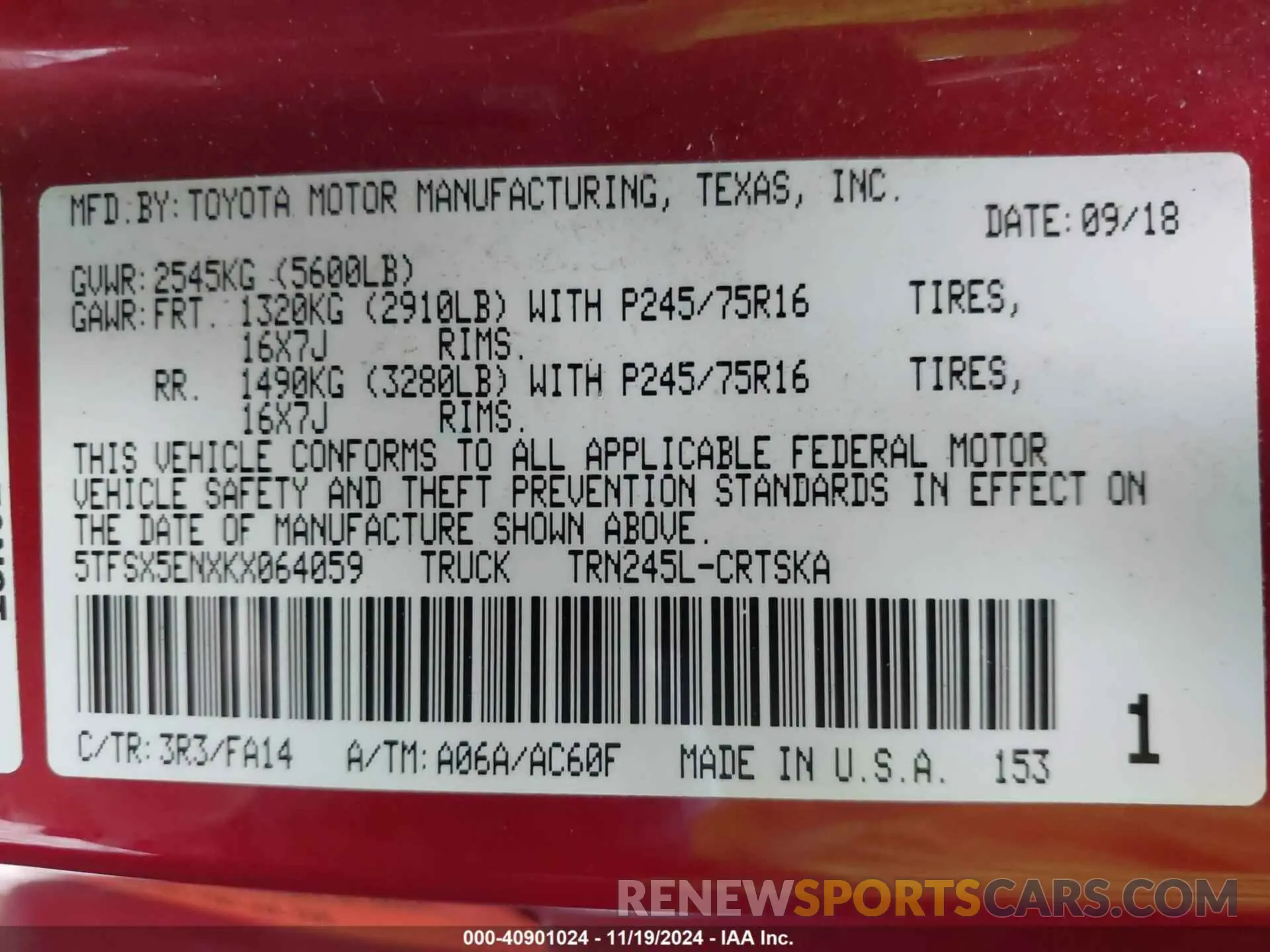 9 Photograph of a damaged car 5TFSX5ENXKX064059 TOYOTA TACOMA 2019