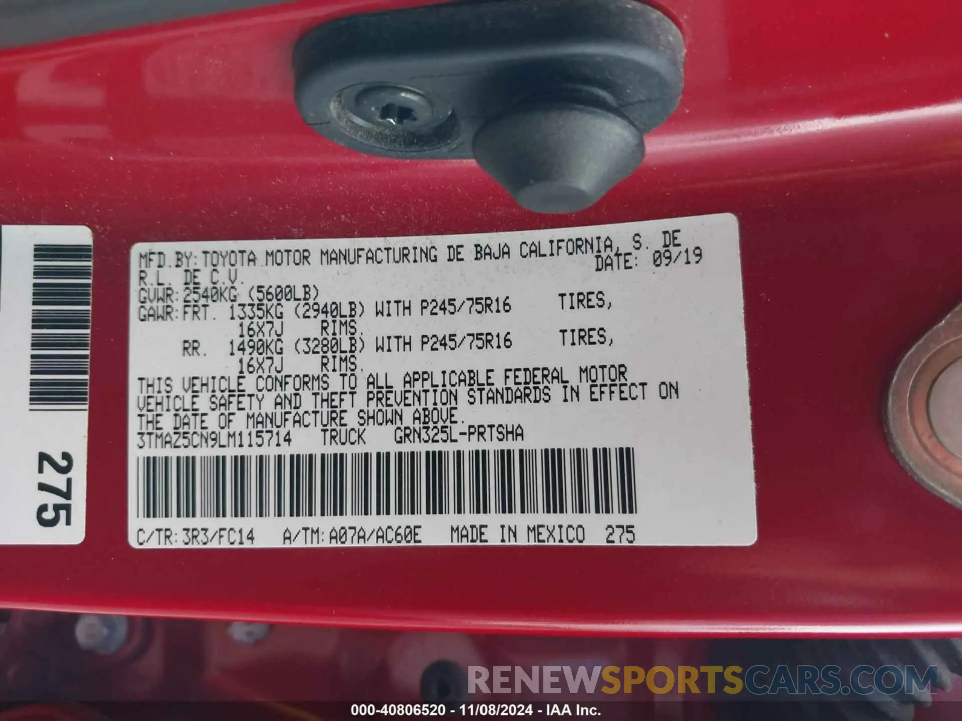 9 Photograph of a damaged car 3TMAZ5CN9LM115714 TOYOTA TACOMA 2020