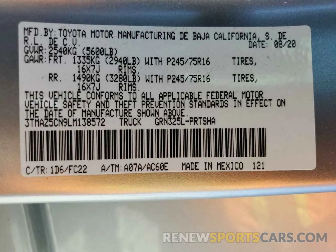 13 Photograph of a damaged car 3TMAZ5CN9LM138572 TOYOTA TACOMA 2020