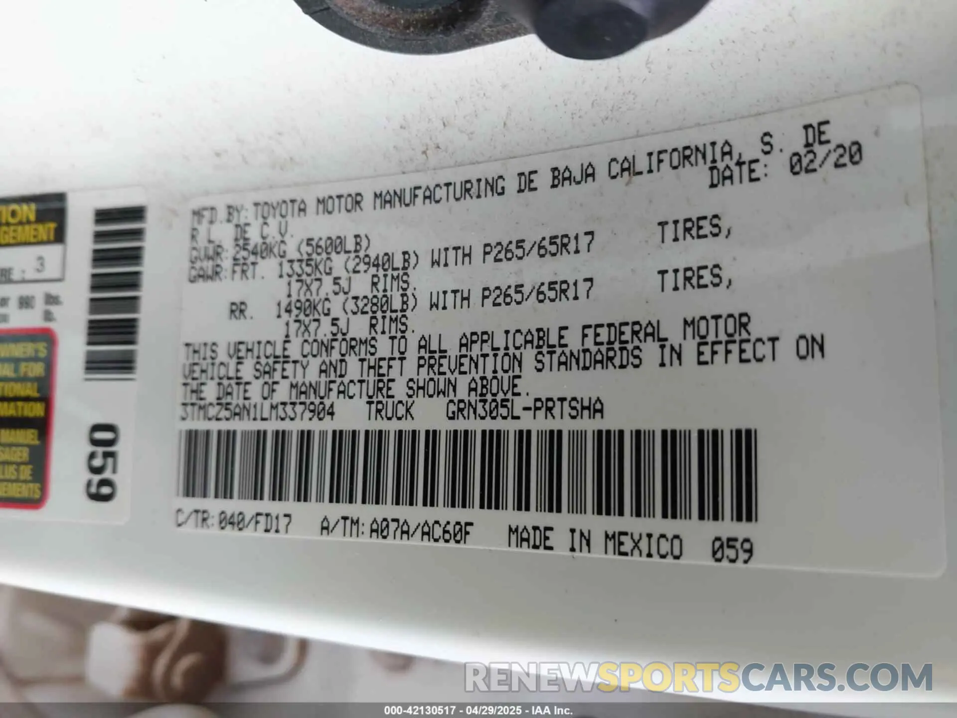 9 Photograph of a damaged car 3TMCZ5AN1LM337904 TOYOTA TACOMA 2020