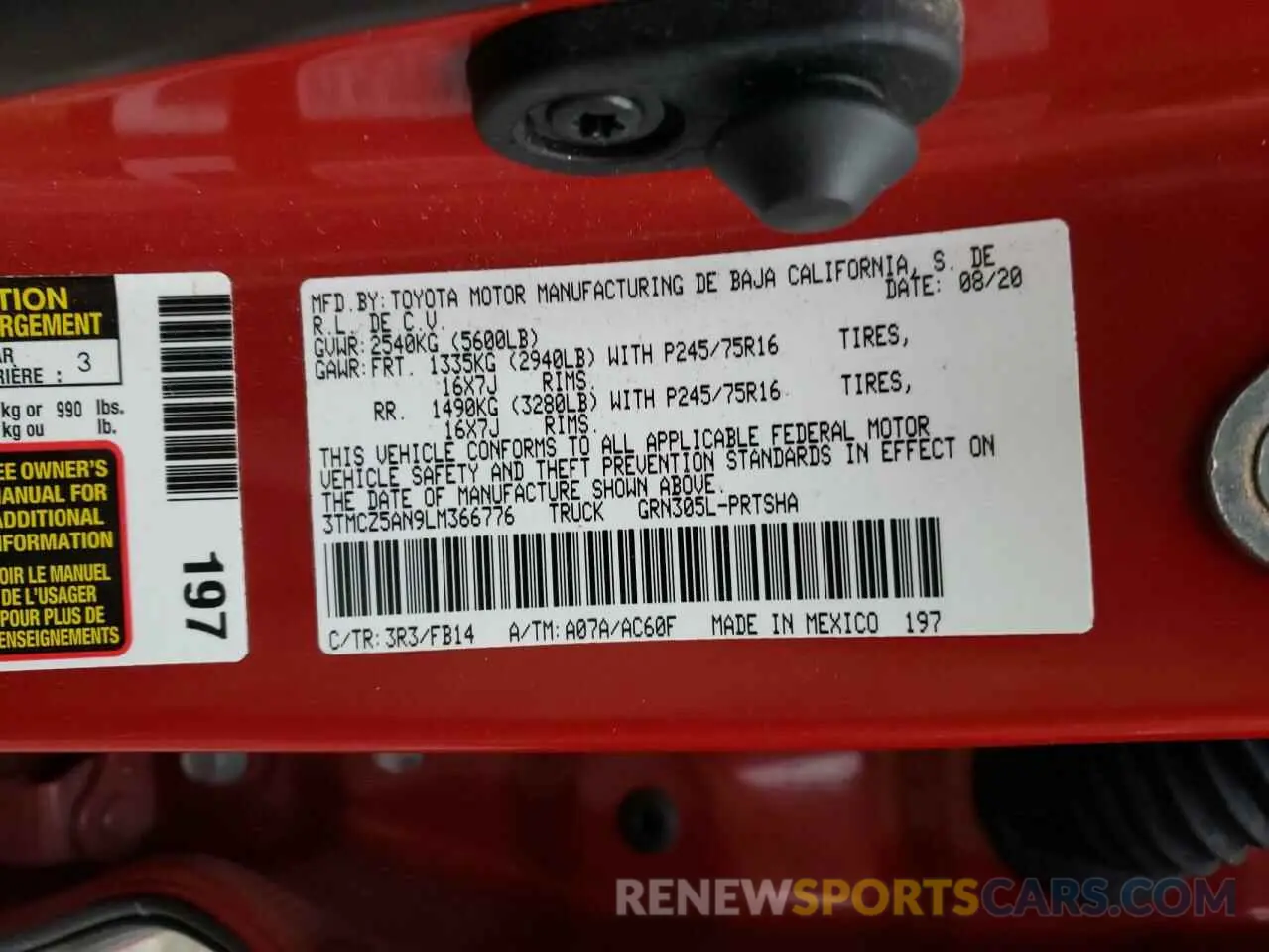 10 Photograph of a damaged car 3TMCZ5AN9LM366776 TOYOTA TACOMA 2020