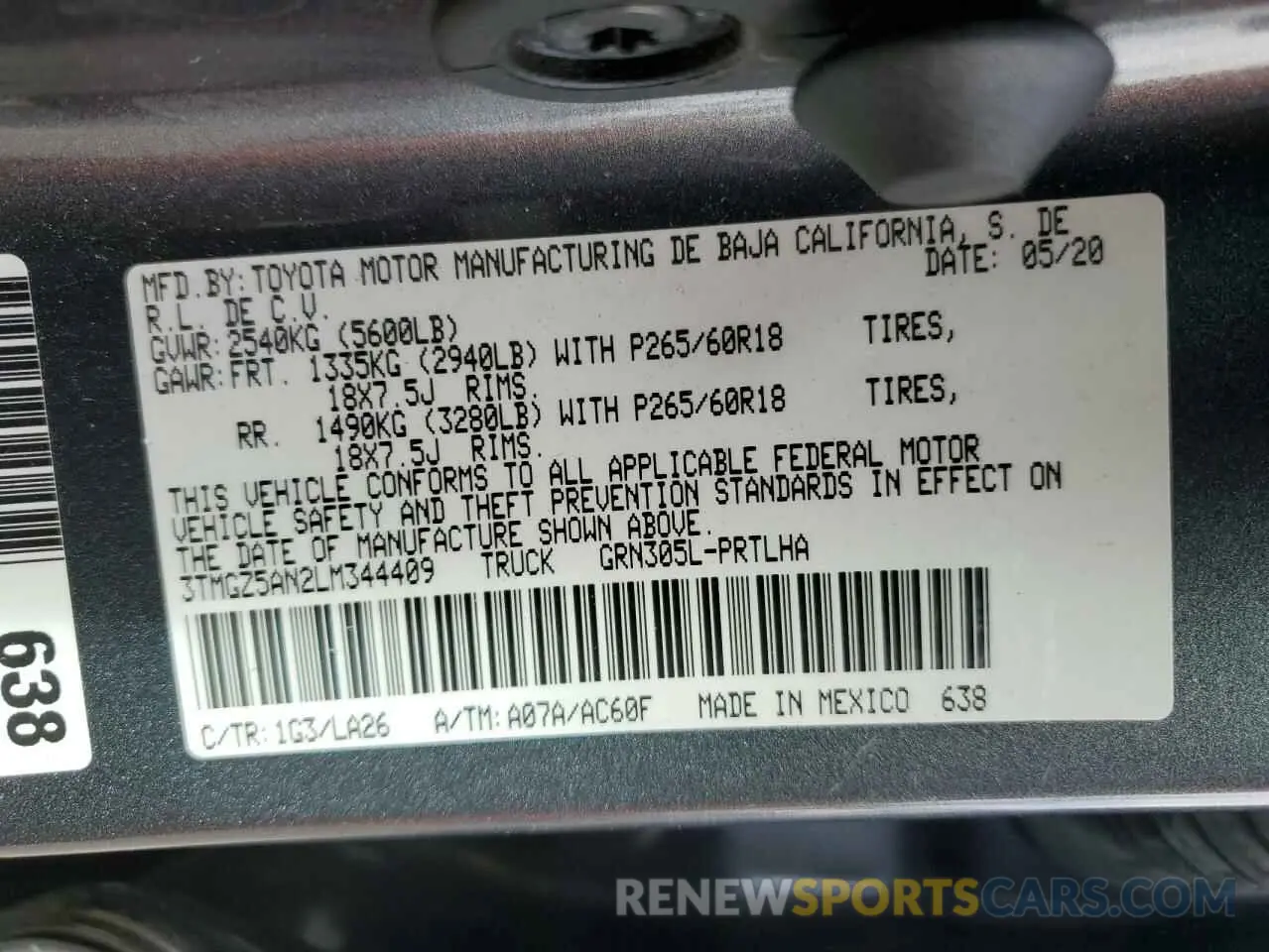 12 Photograph of a damaged car 3TMGZ5AN2LM344409 TOYOTA TACOMA 2020