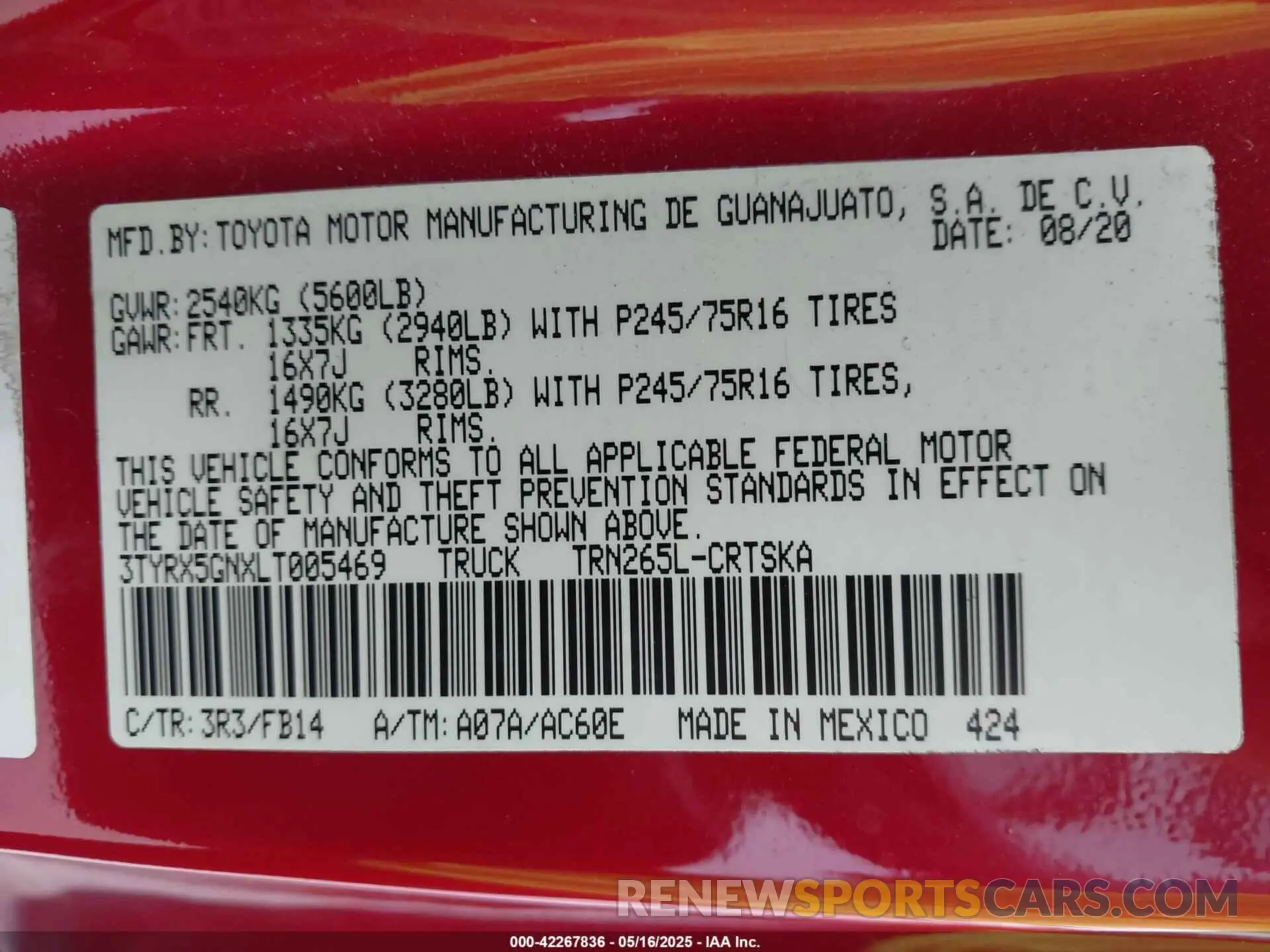 9 Photograph of a damaged car 3TYRX5GNXLT005469 TOYOTA TACOMA 2020