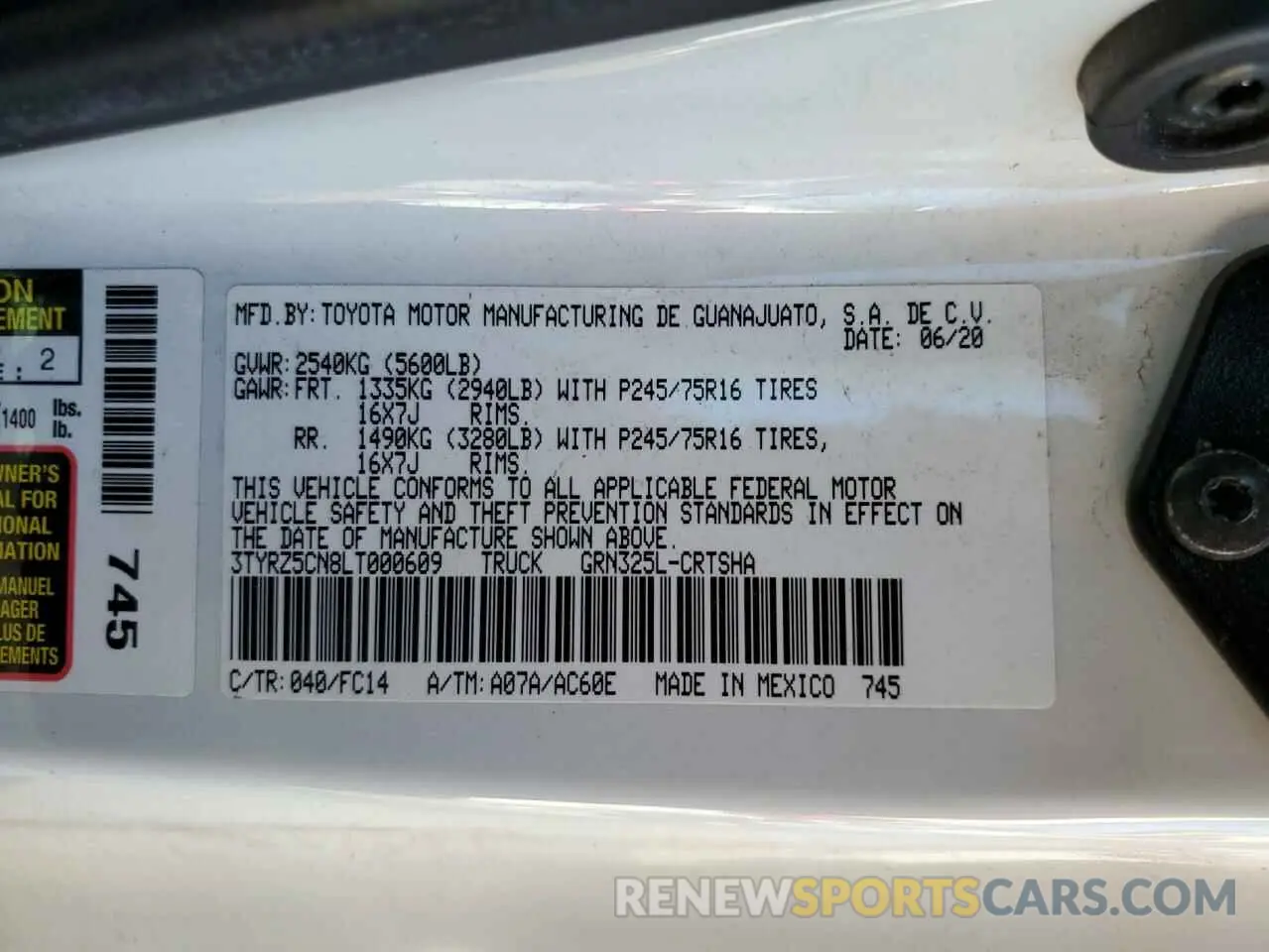 13 Photograph of a damaged car 3TYRZ5CN8LT000609 TOYOTA TACOMA 2020