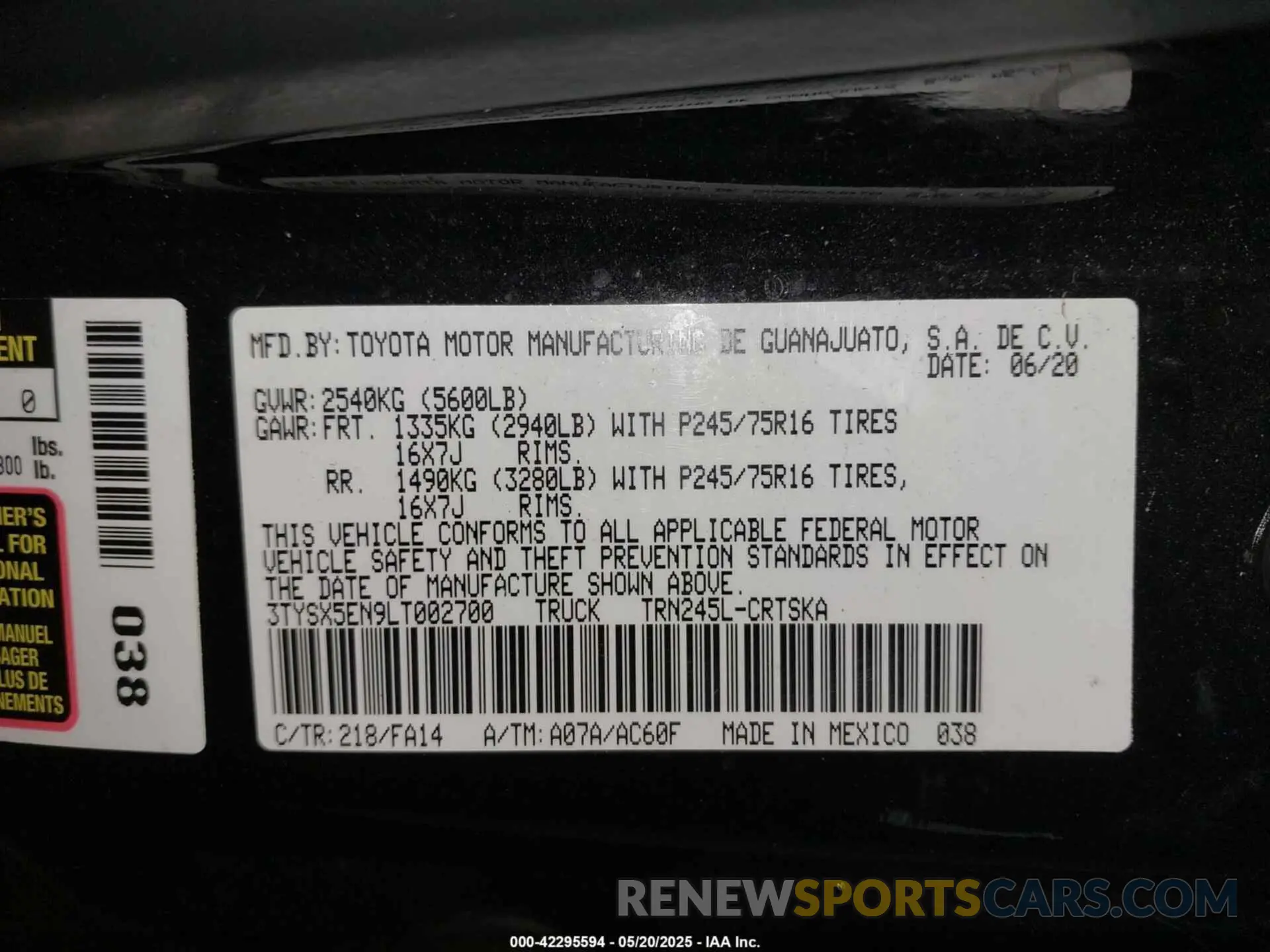 9 Photograph of a damaged car 3TYSX5EN9LT002700 TOYOTA TACOMA 2020