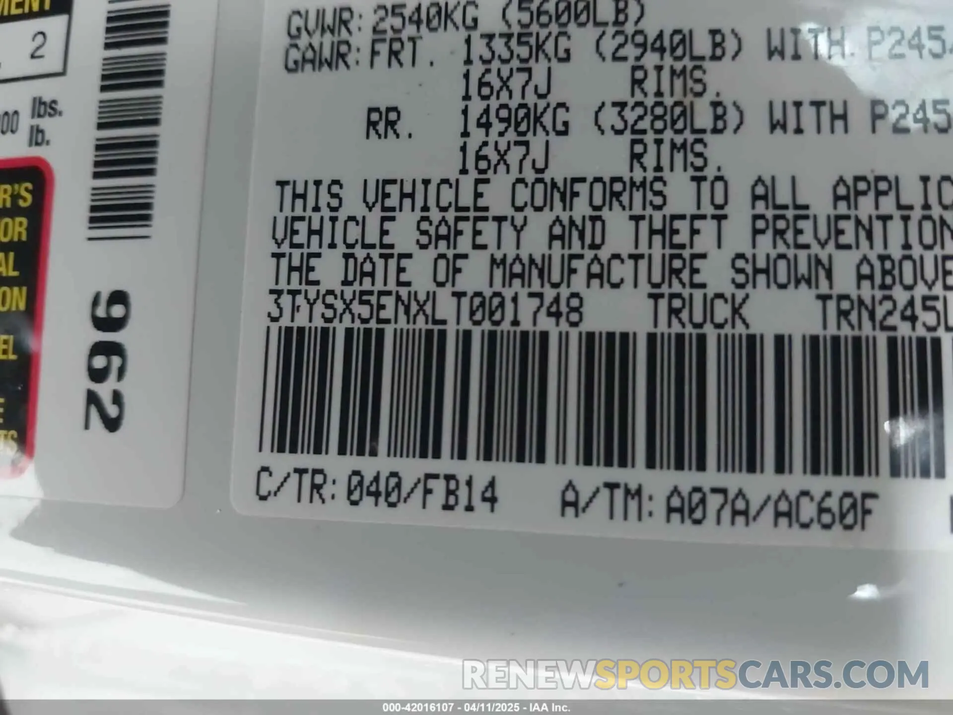 9 Photograph of a damaged car 3TYSX5ENXLT001748 TOYOTA TACOMA 2020