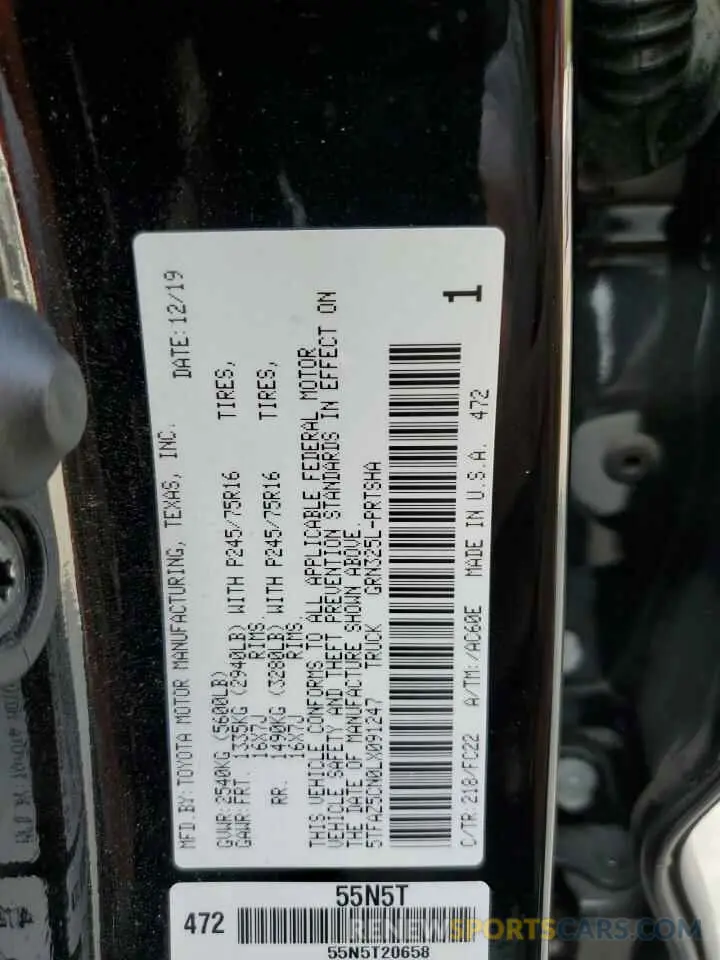 13 Photograph of a damaged car 5TFAZ5CN0LX091247 TOYOTA TACOMA 2020