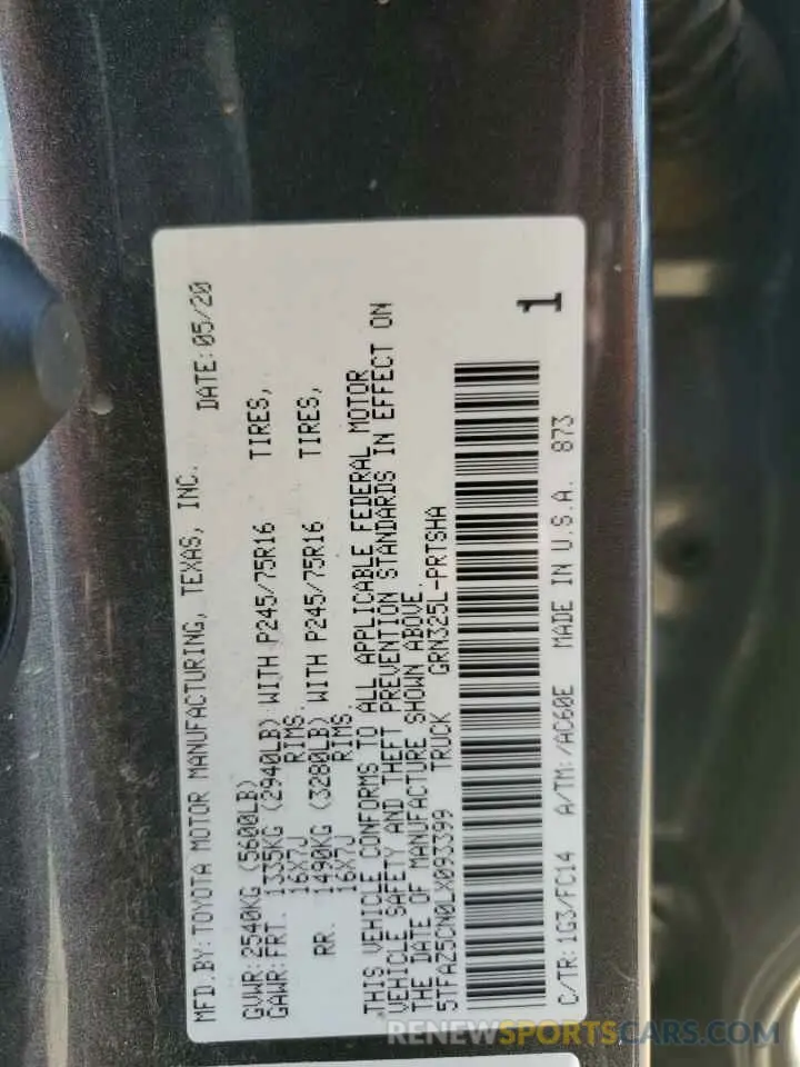 12 Photograph of a damaged car 5TFAZ5CN0LX093399 TOYOTA TACOMA 2020